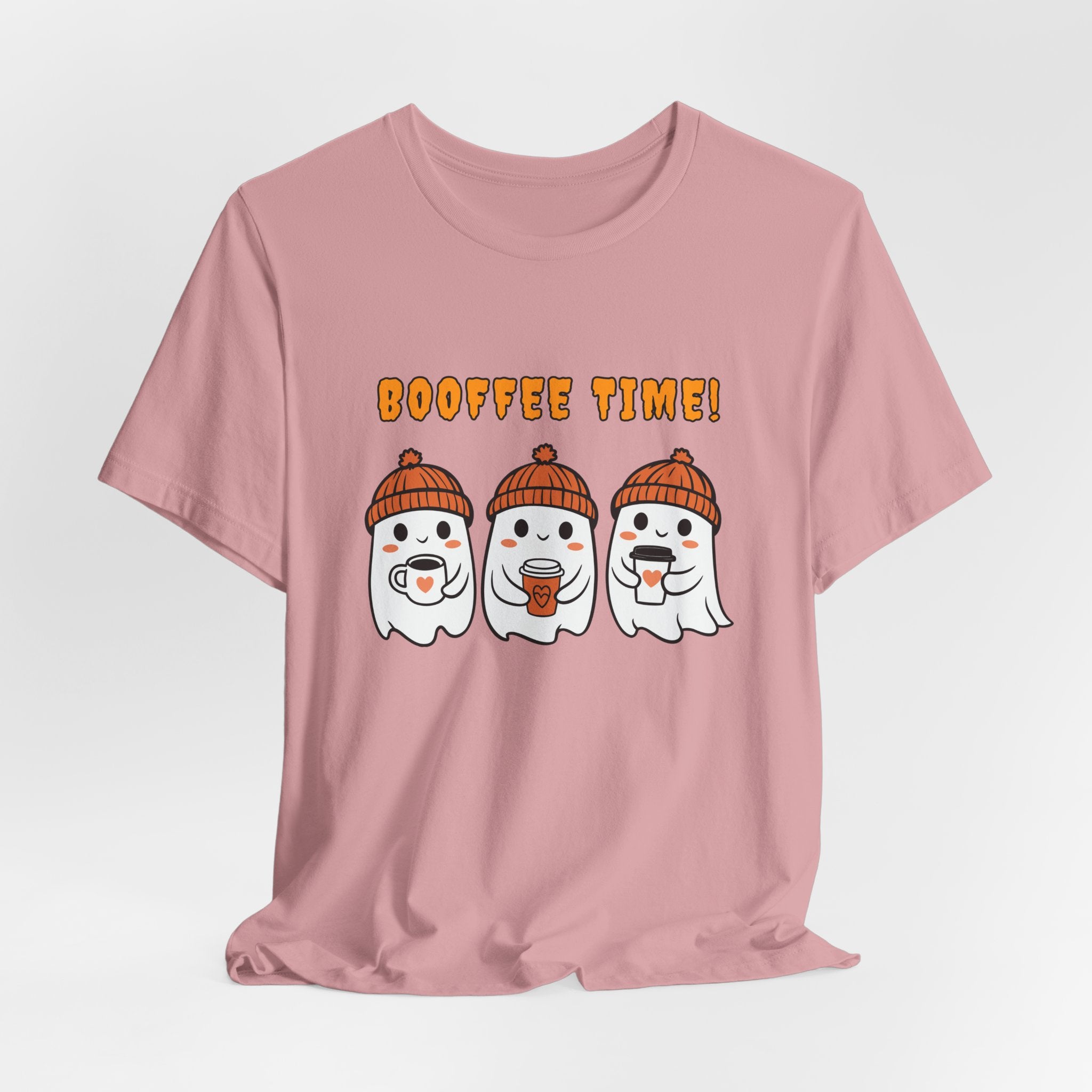 Orchid pink t-shirt with cartoon ghosts and 'BOOFFEE TIME!' text on a white background