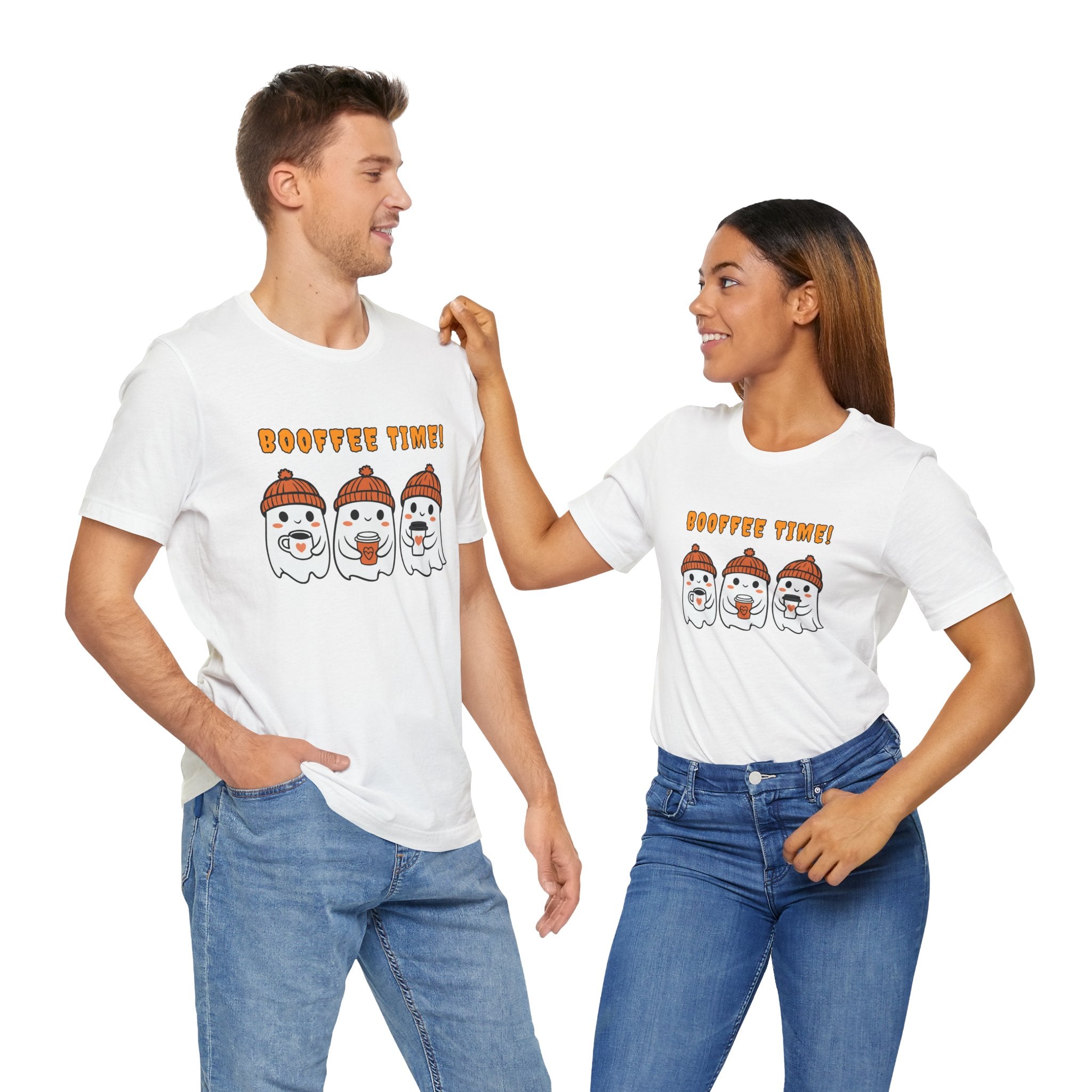Two people wearing white t-shirts with a graphic design and text on a white background