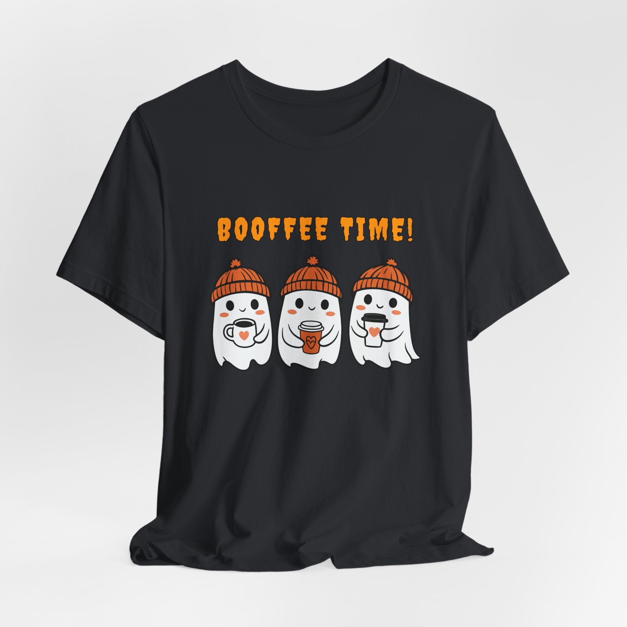 Vintage black t-shirt with cartoon ghosts and 'BOOFFEE TIME!' text on a white background