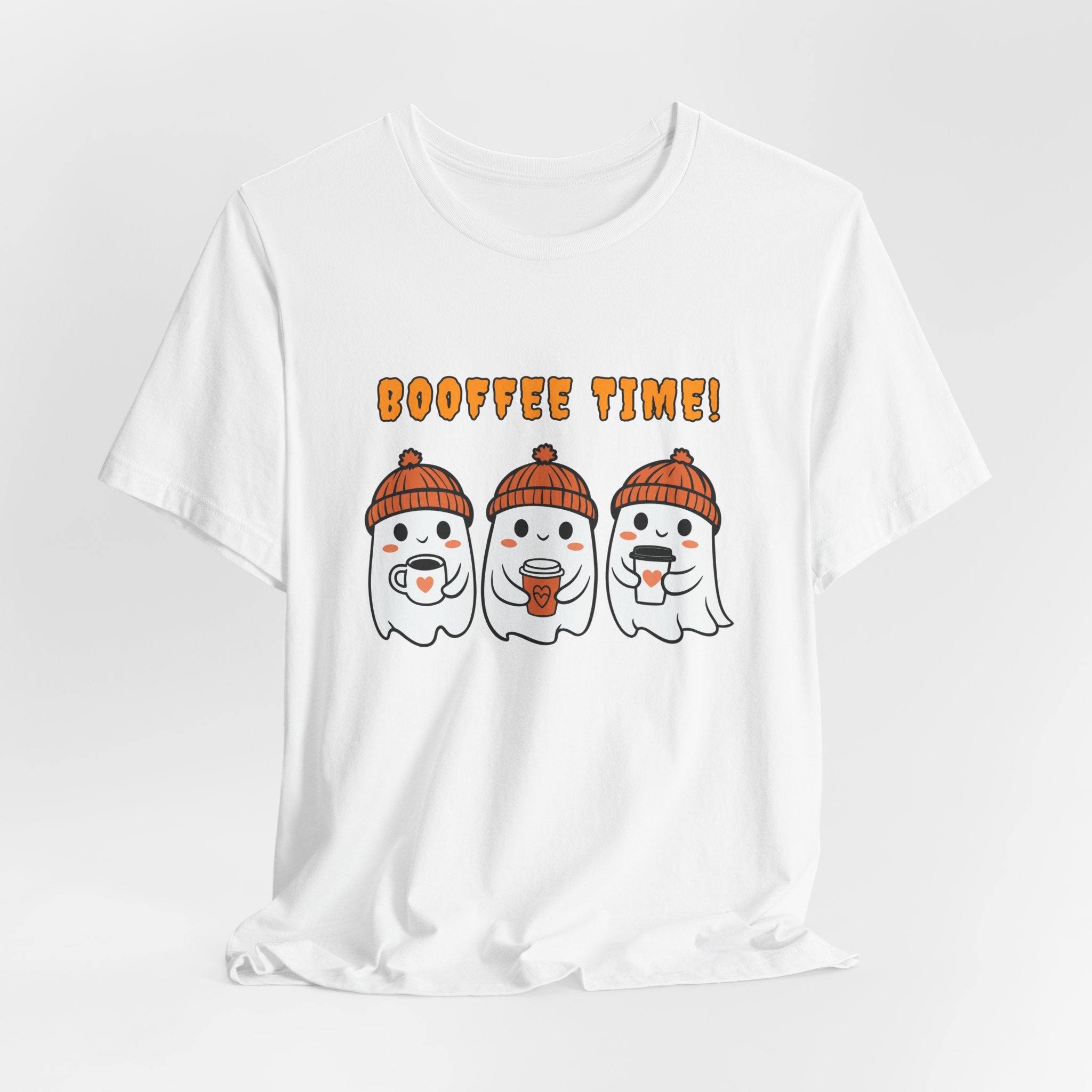 White t-shirt with cartoon ghosts wearing beanies and drinking coffee, and 'BOOFFEE TIME!' text.