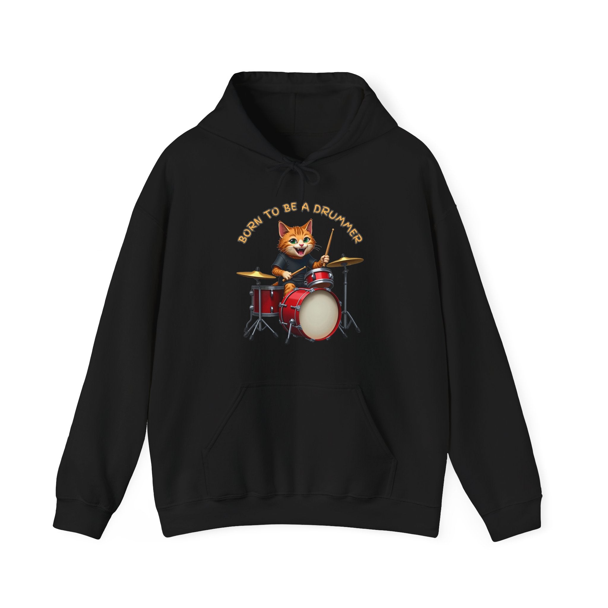 Black hoodie with a cat playing drums graphic and text on a white background