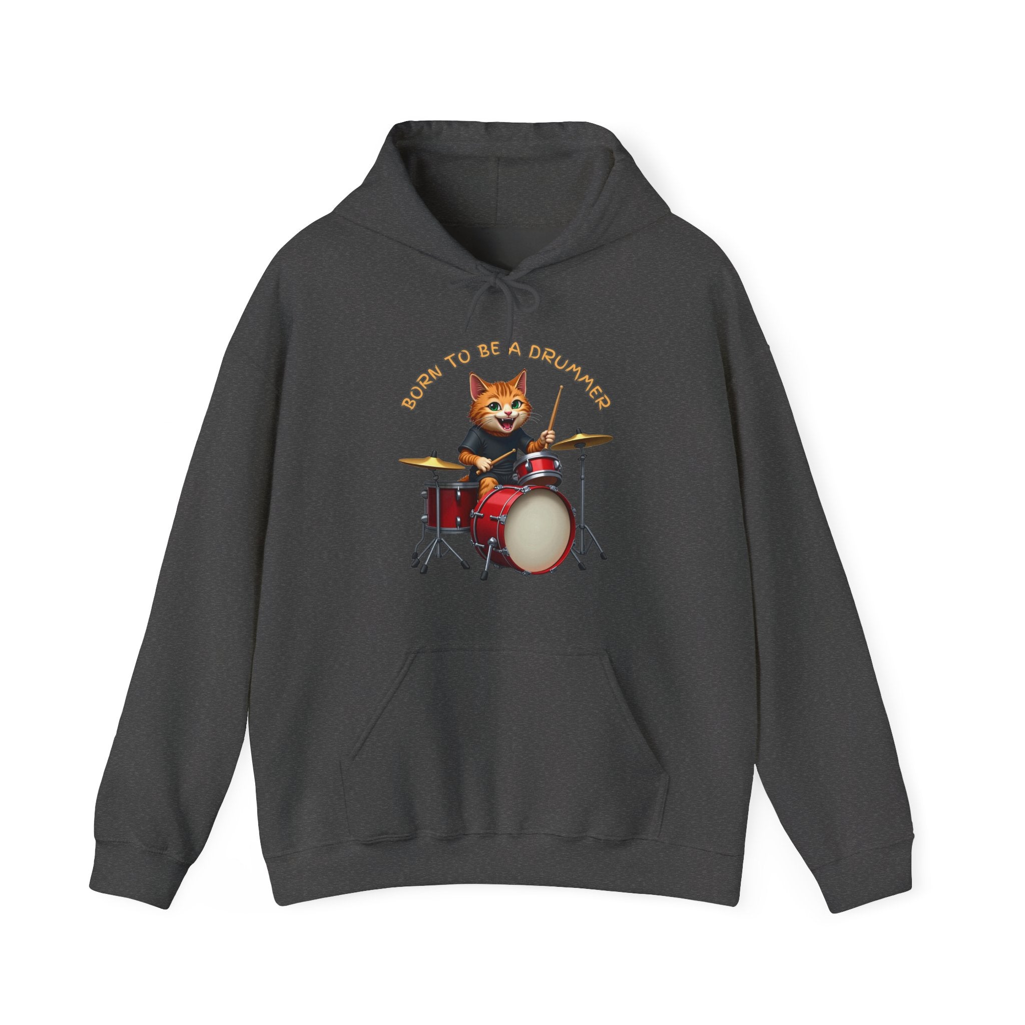 Dark gray hoodie with a graphic of a fox playing drums and 'Born to be a Drummer' text on a white background.