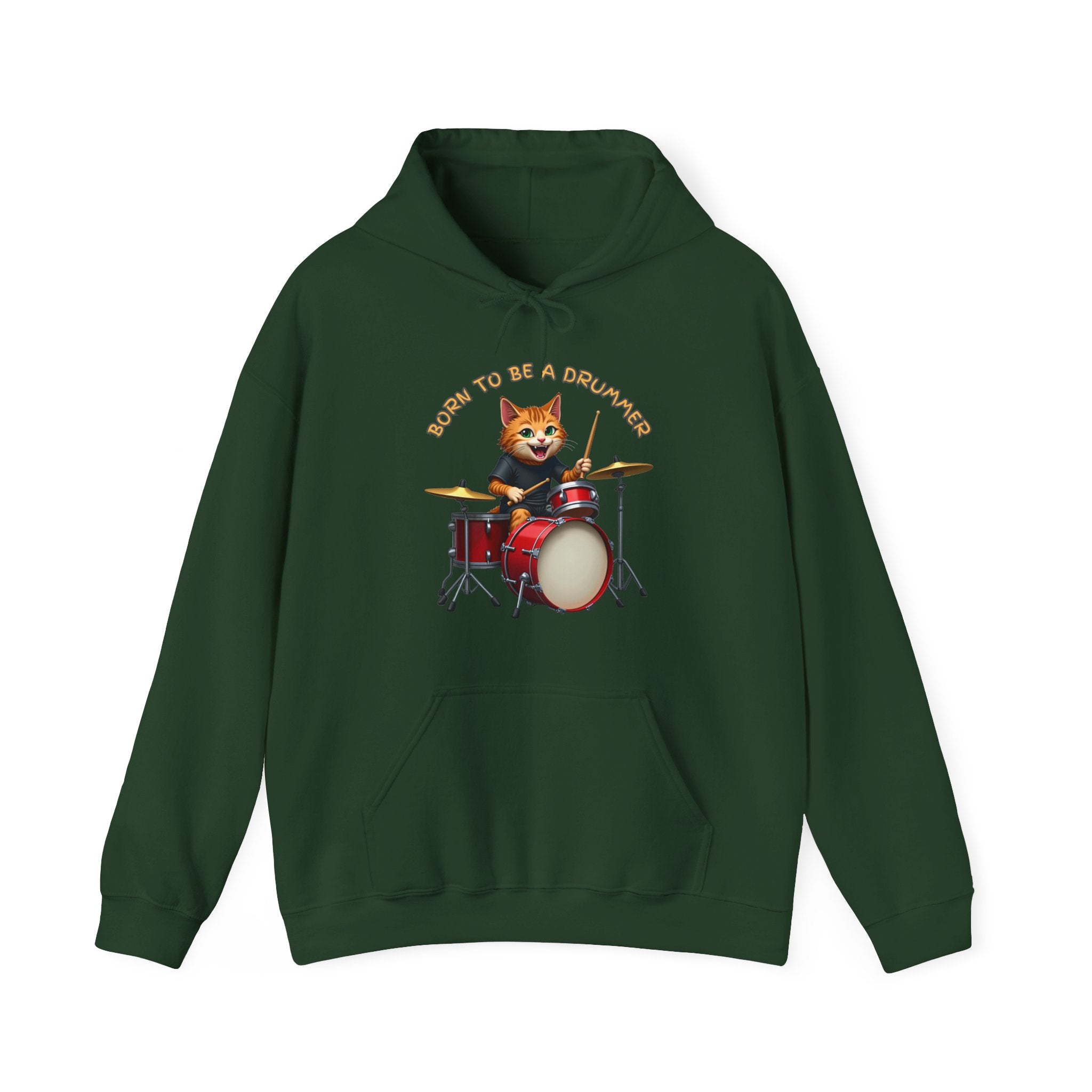 Forest green hoodie with a cat playing drums graphic and 'Born to be a Drummer' text on a white background