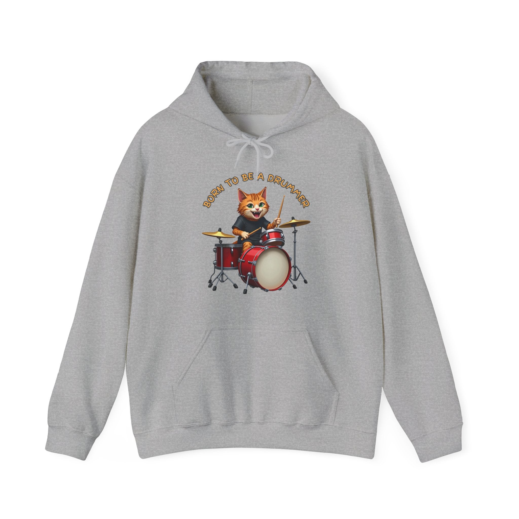 Gray hoodie with a cat playing drums graphic on a white background