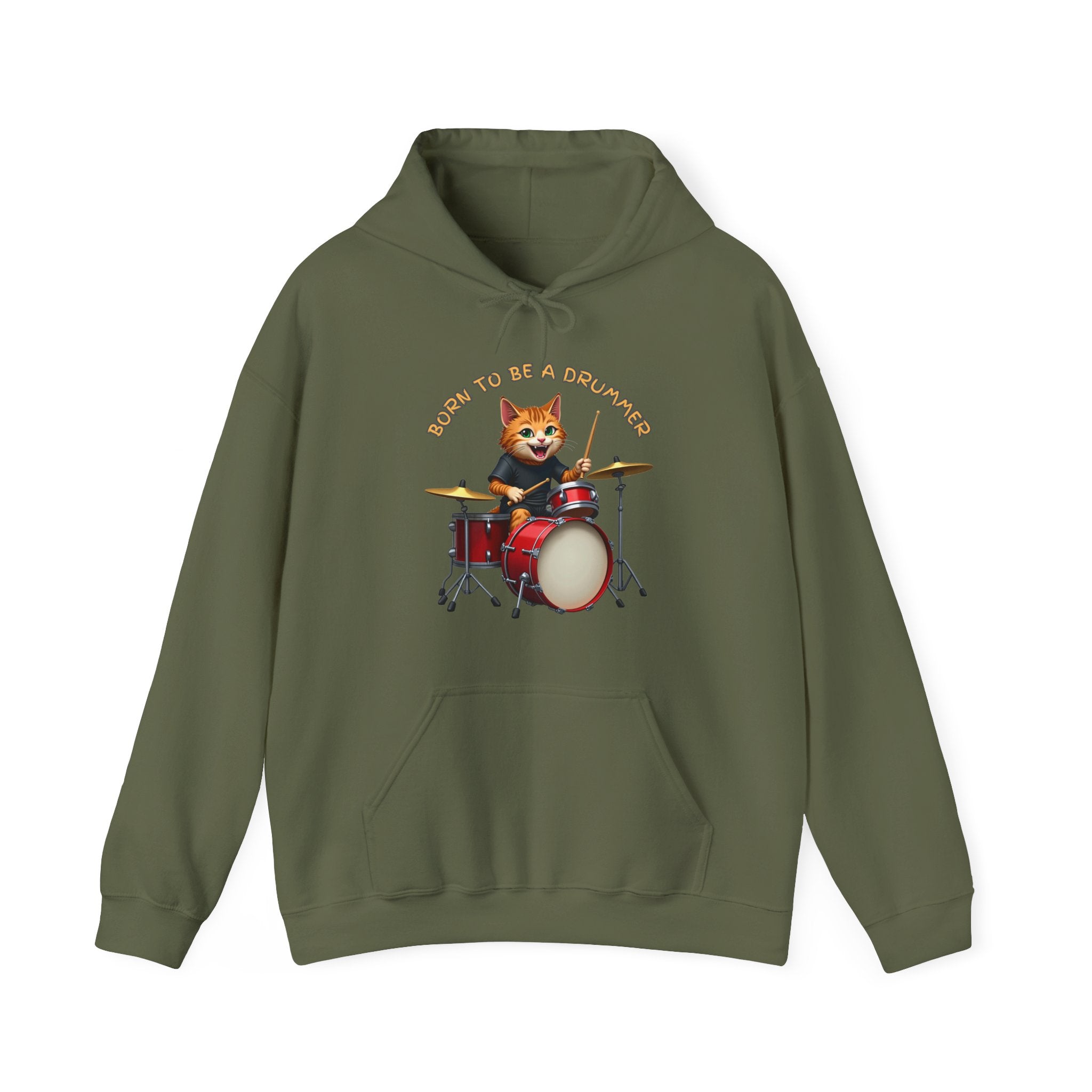 Military green hoodie with a cat playing drums graphic and text on a white background