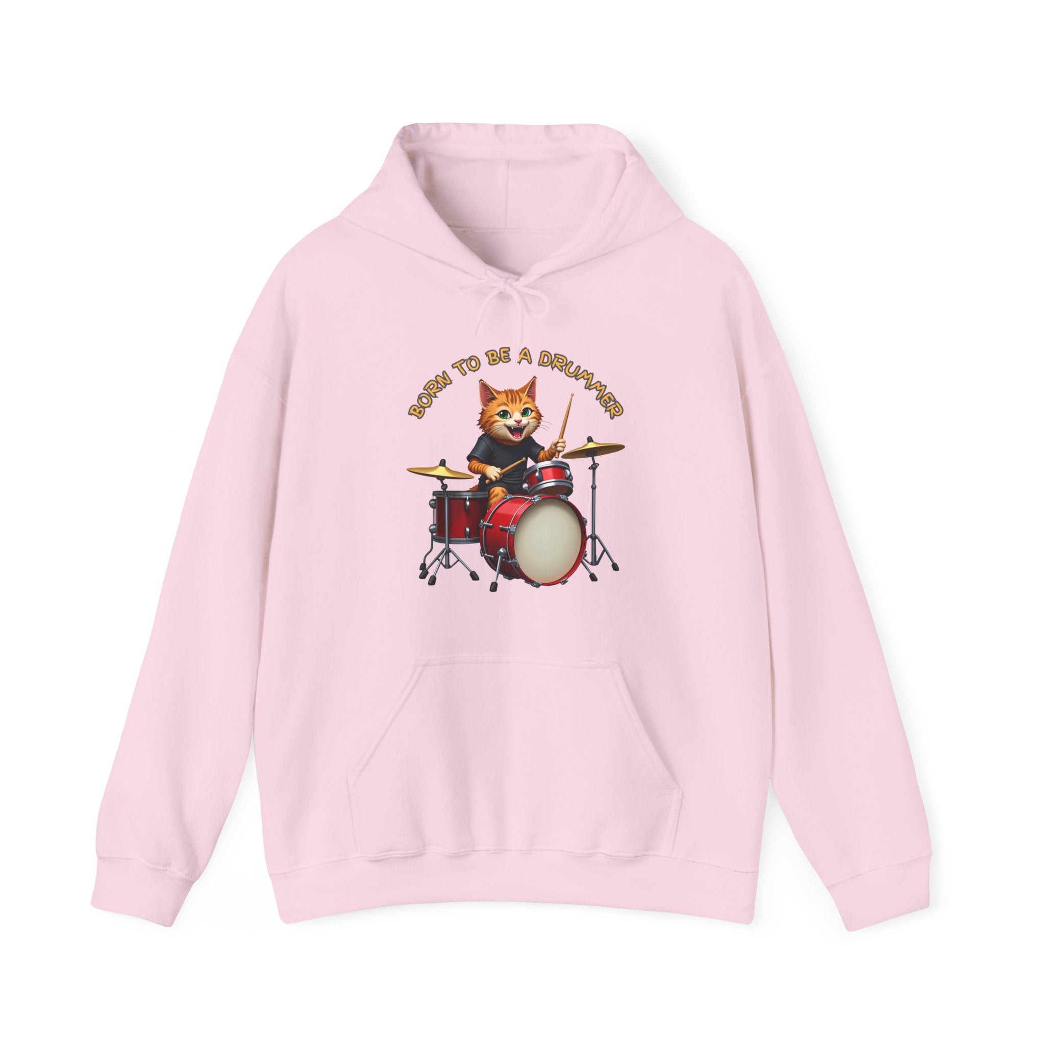 Pink hoodie with a graphic of a cat playing drums and text on a white background