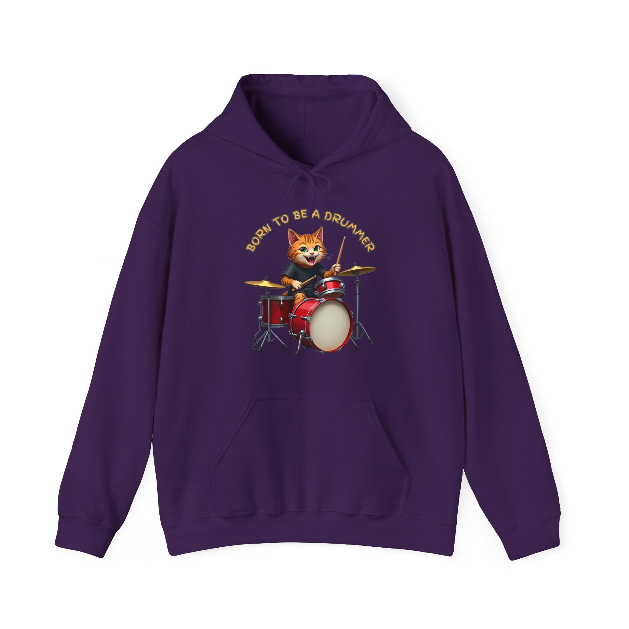 Purple hoodie with a graphic of a cat playing drums and 'Born to be a Drummer' text on a white background