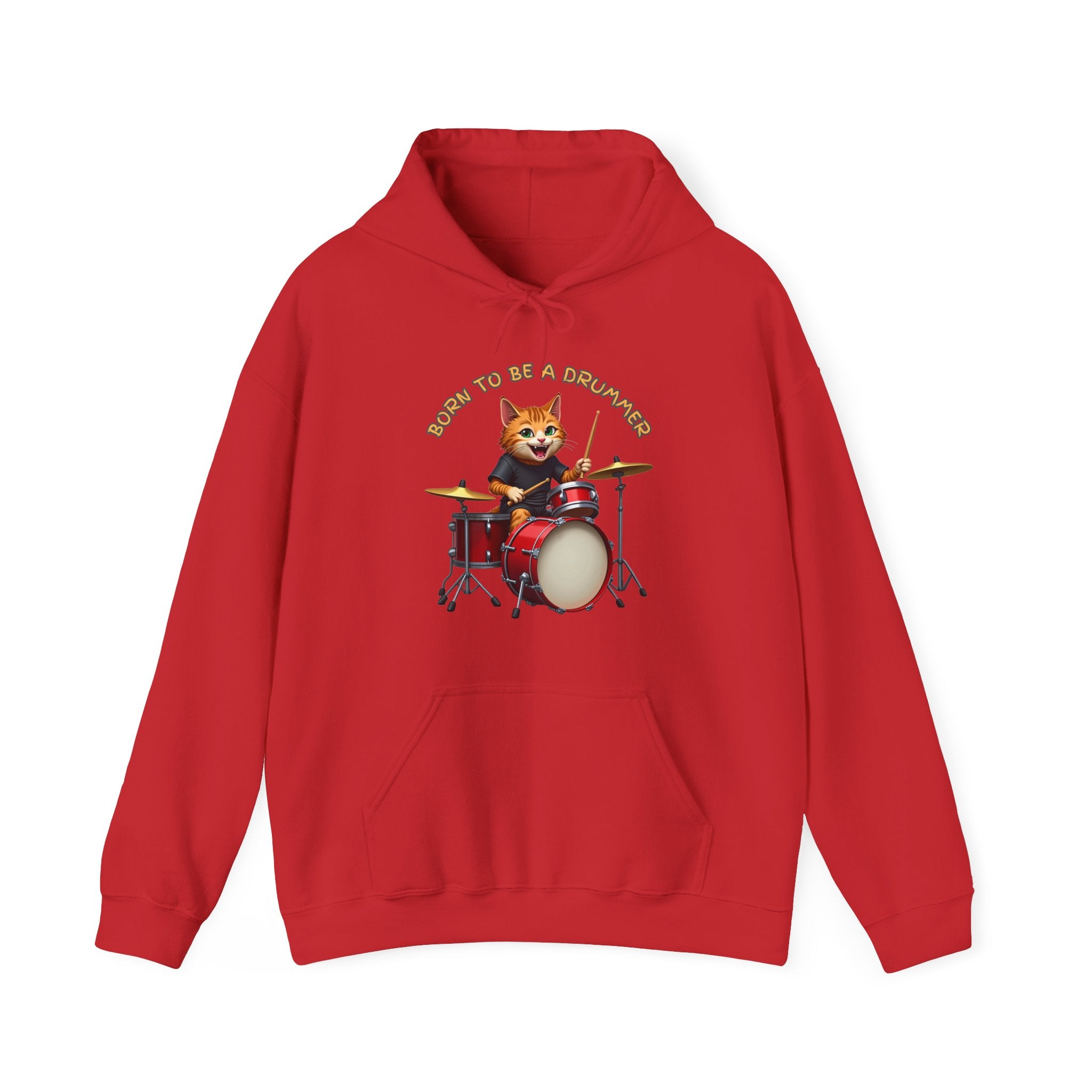 Red hoodie with a graphic of a cat playing drums and 'Born to be a Drummer' text on a white background.