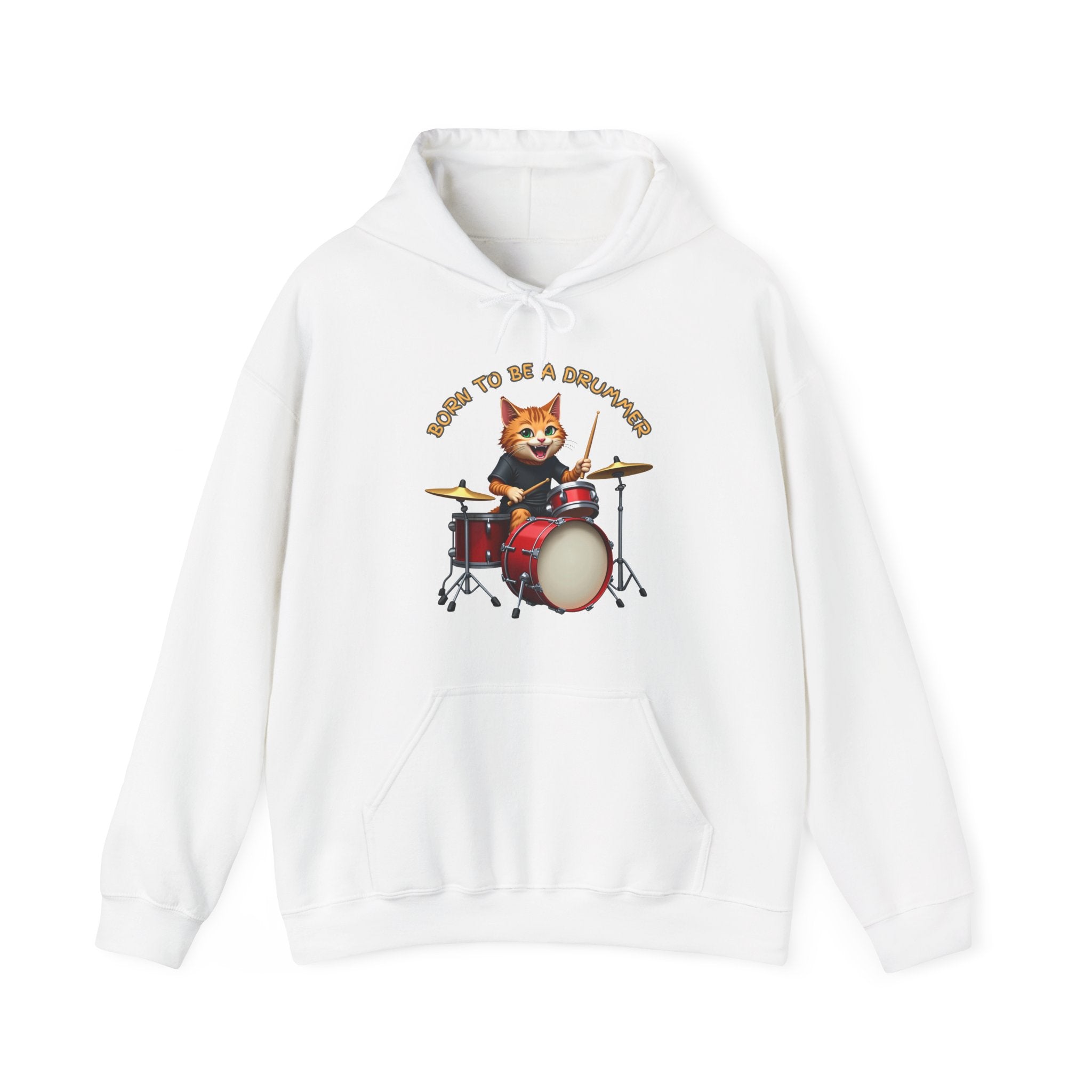 White hoodie with a graphic of a cat playing drums and text on a white background