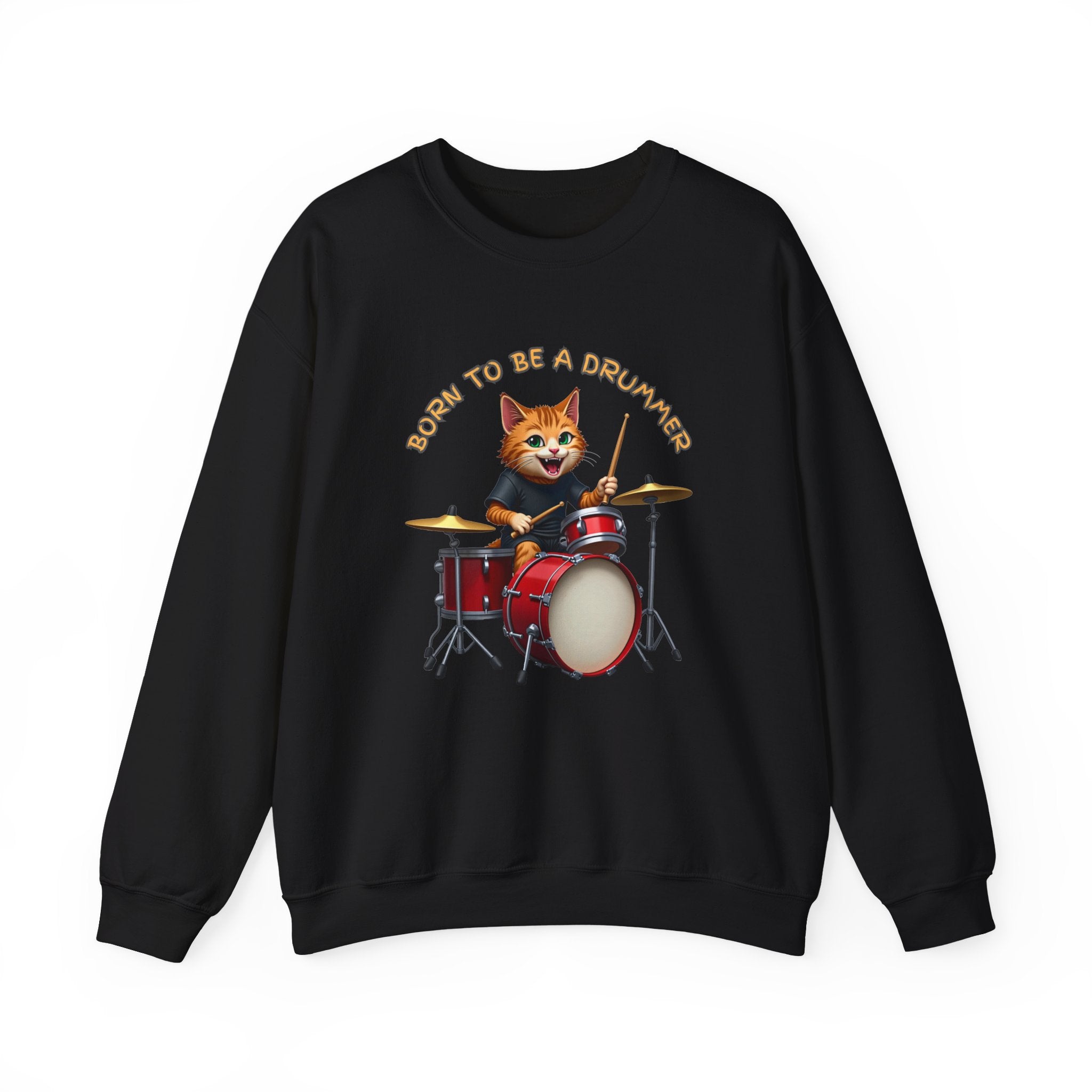 Black sweatshirt with a cat playing drums graphic and 'Born to be a Drummer' text on a white background