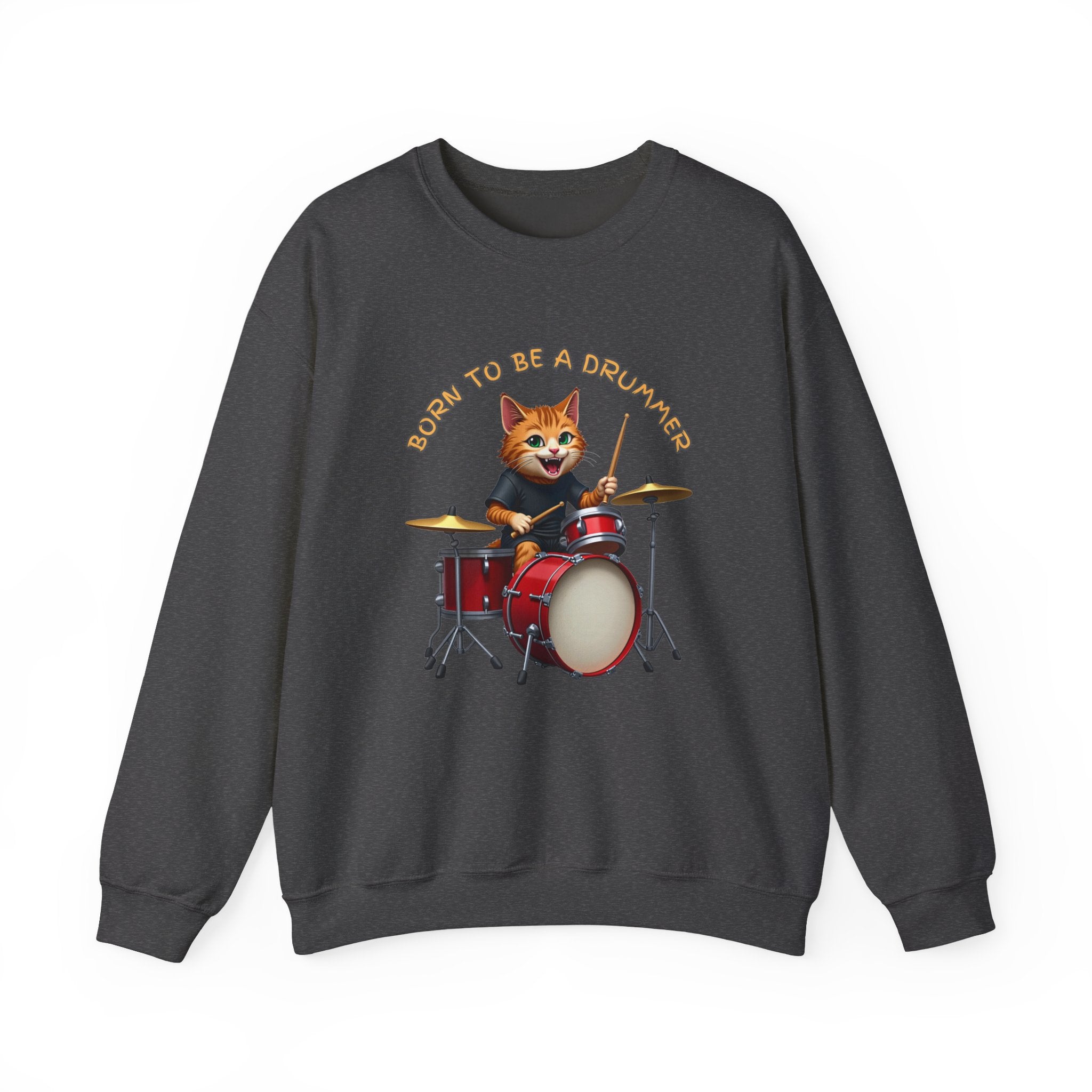 Dark gray sweatshirt with a cat playing drums graphic and 'Born to be a Drummer' text on a white background.