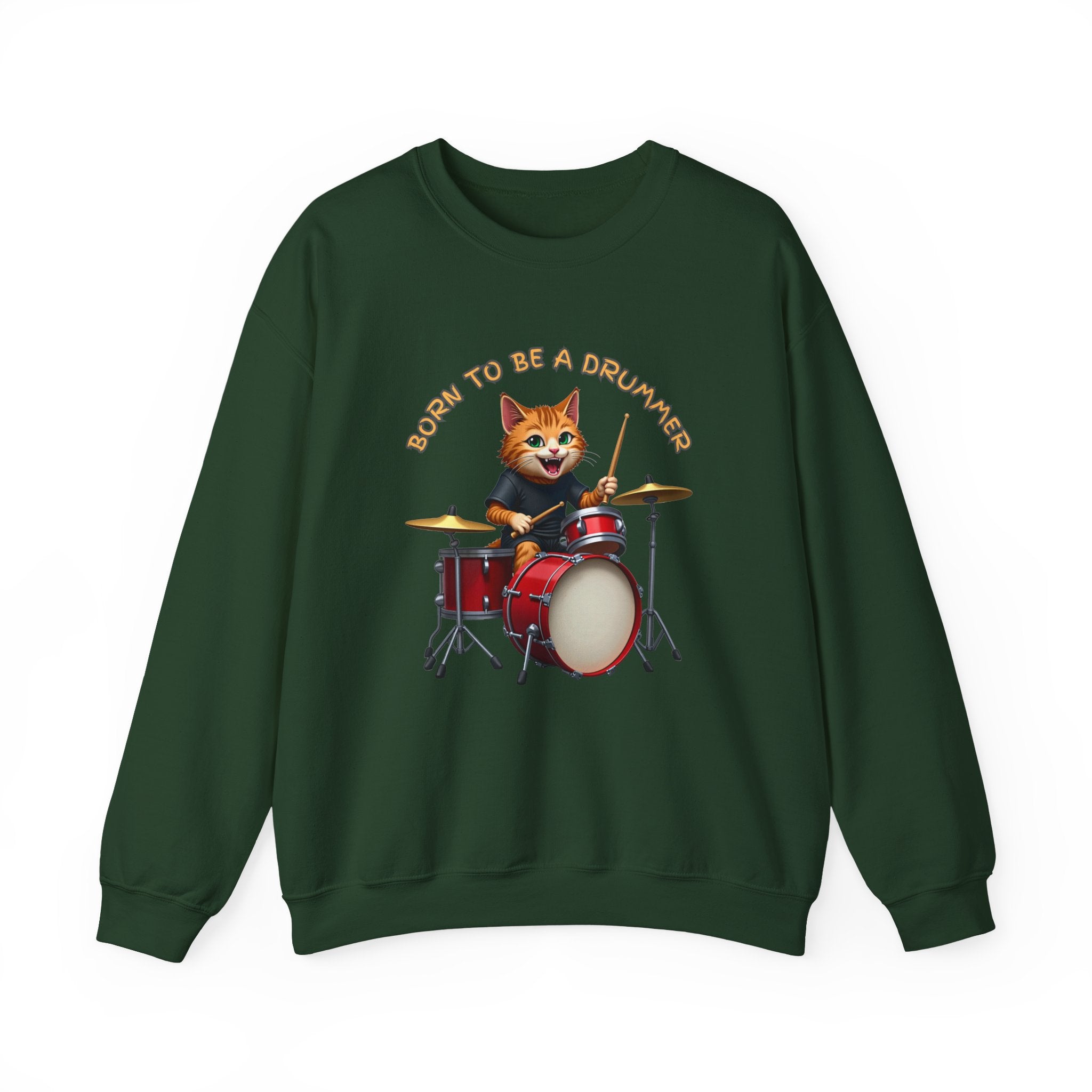Forest green sweatshirt with a cat playing drums graphic and 'Born to be a Drummer' text on a white background
