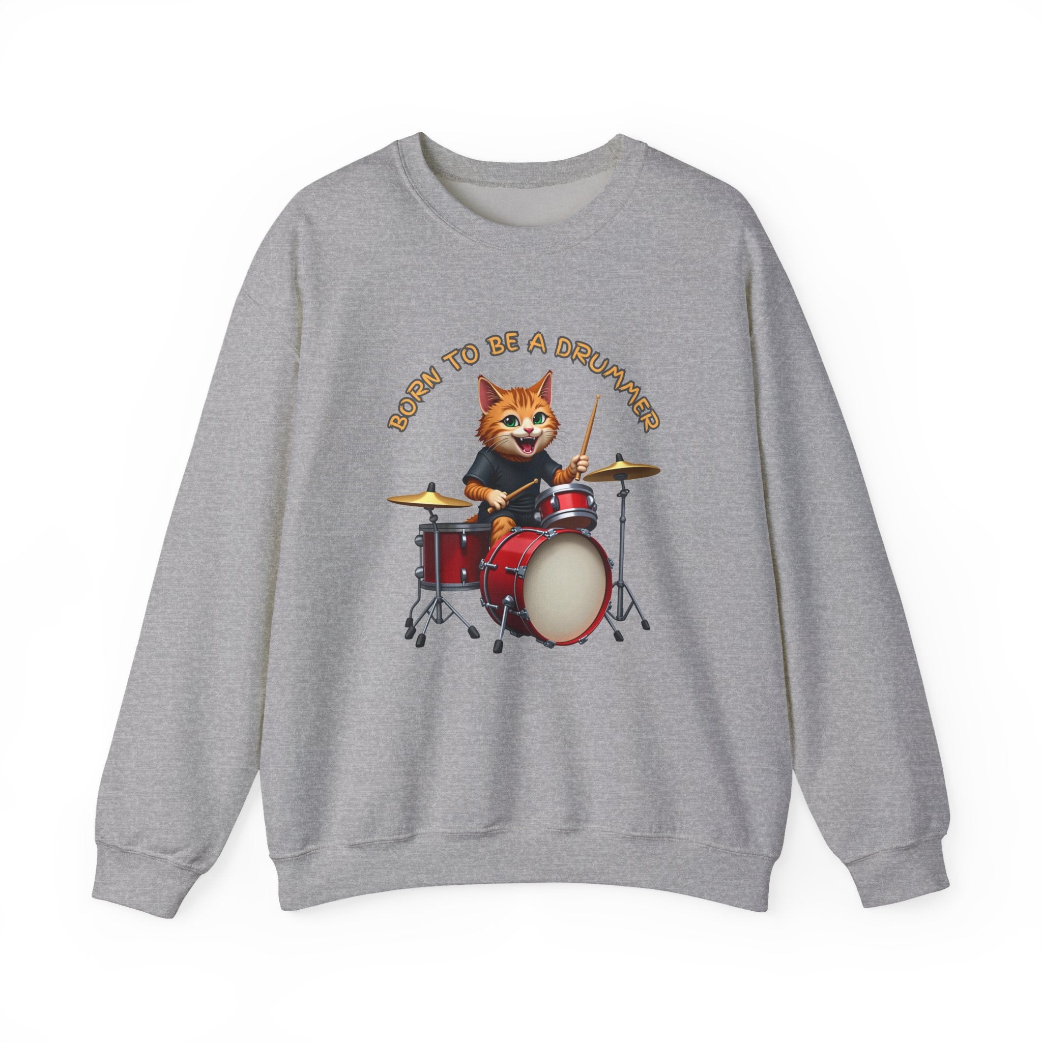 Gray sweatshirt with a cat playing drums graphic and 'Born to be a Drummer' text on a white background