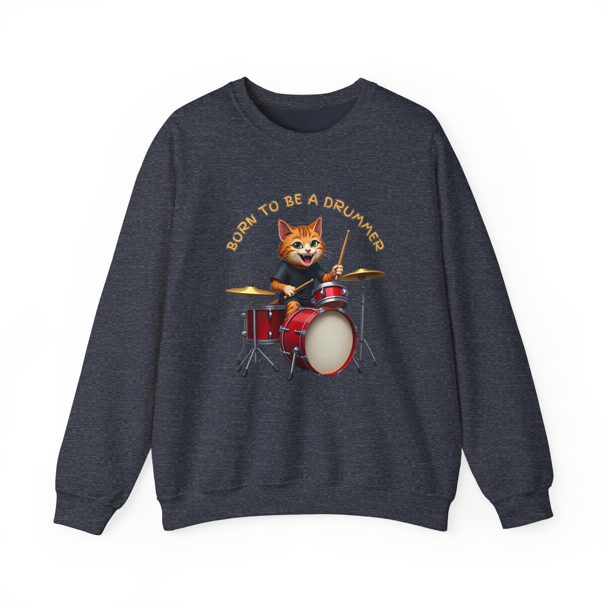Heather grey sweatshirt with a cat playing drums graphic and text 'Born to be a Drummer' on a white background