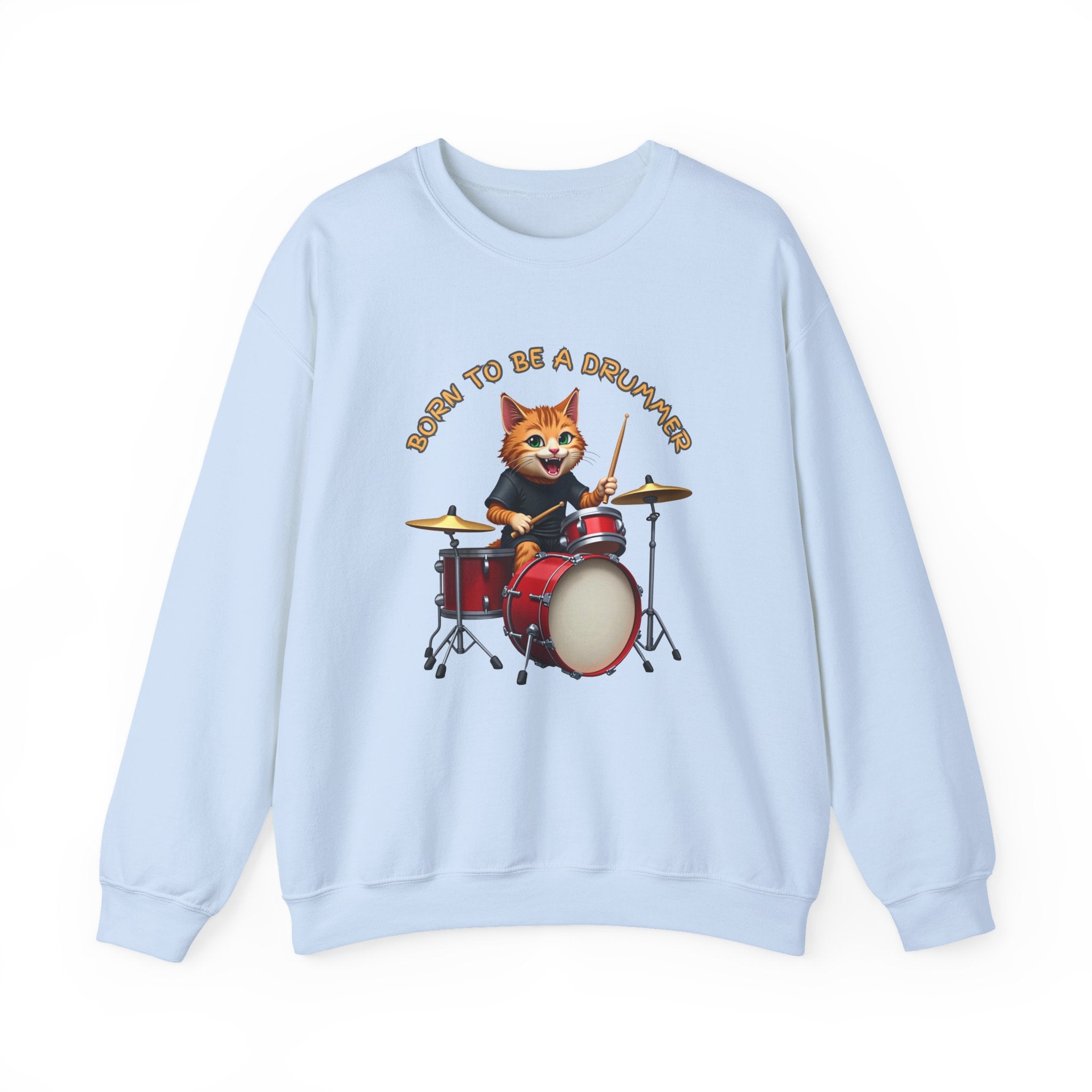 Light blue sweatshirt with a cat playing drums graphic on a white background