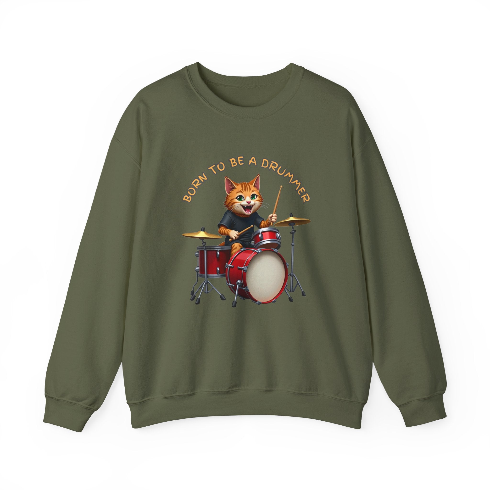 Military green sweatshirt with a cat playing drums graphic and text on a white background