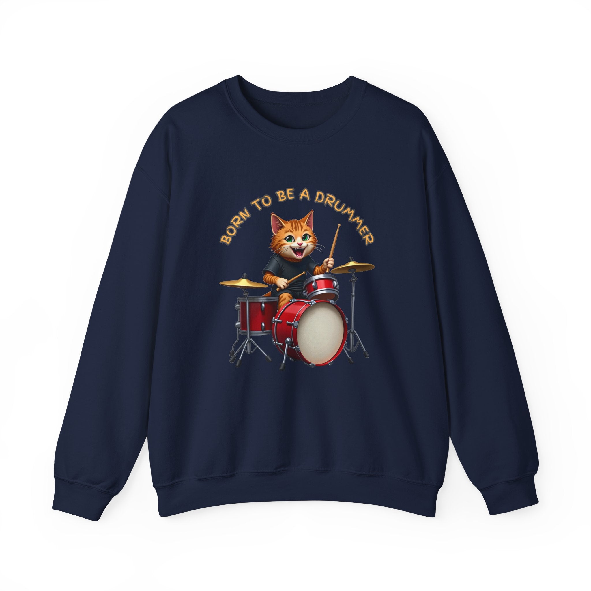 Navy blue sweatshirt with a cat playing drums graphic and 'Born to be a Drummer' text on a white background.
