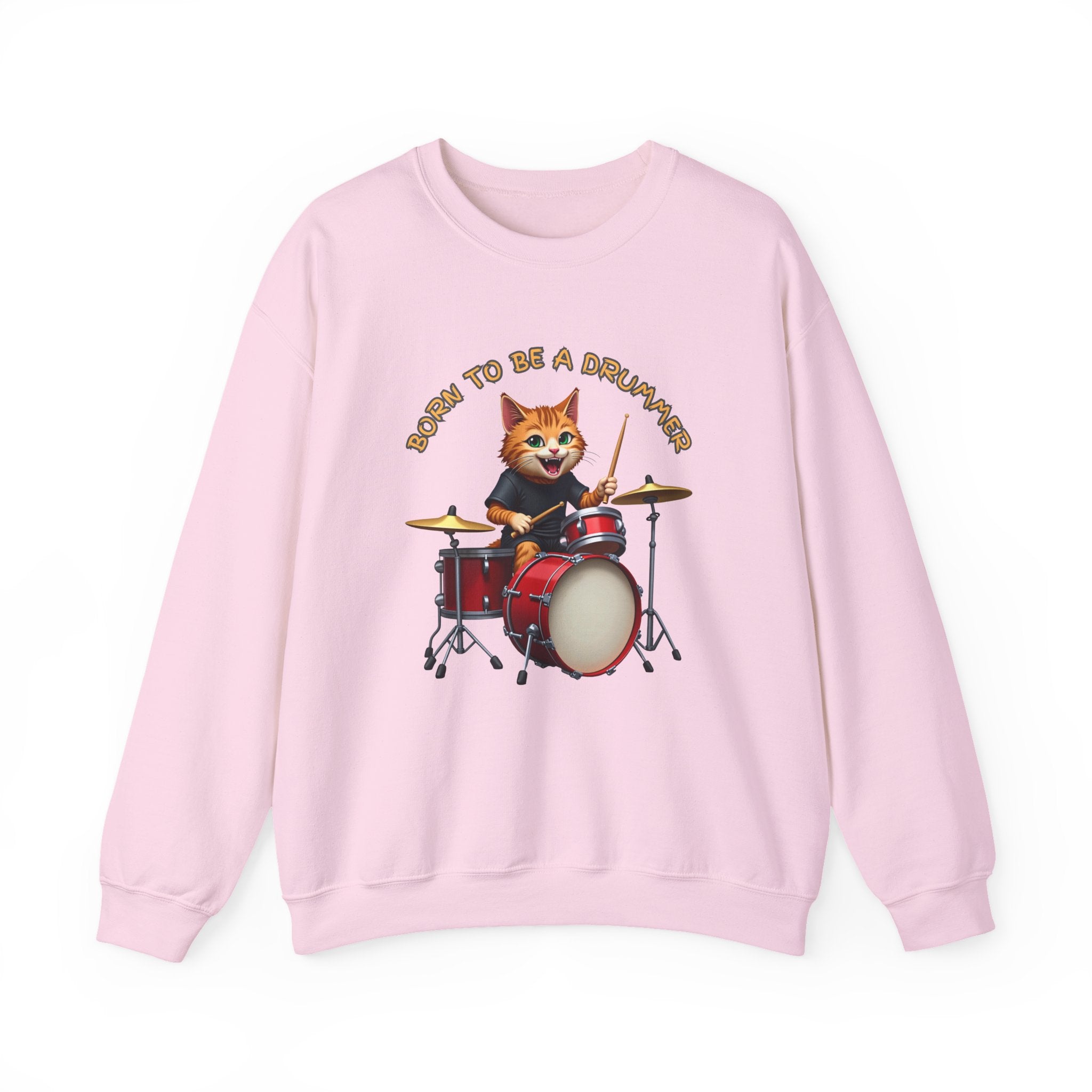 Pink sweatshirt with a cat playing drums graphic on a white background