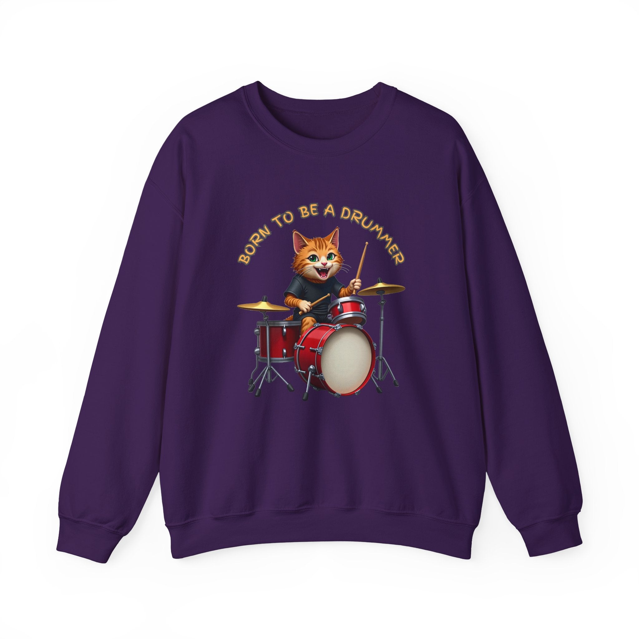 Purple sweatshirt with a cat playing drums graphic and 'Born to be a Drummer' text on a white background