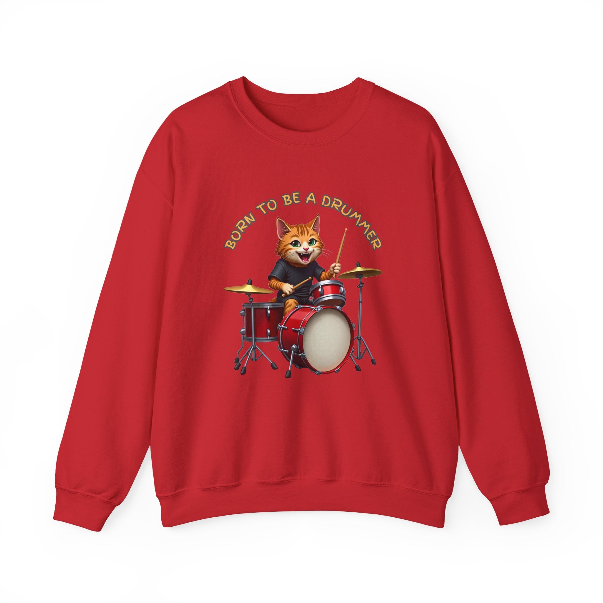 Red sweatshirt with a cat playing drums graphic and 'Born to be a Drummer' text on a white background