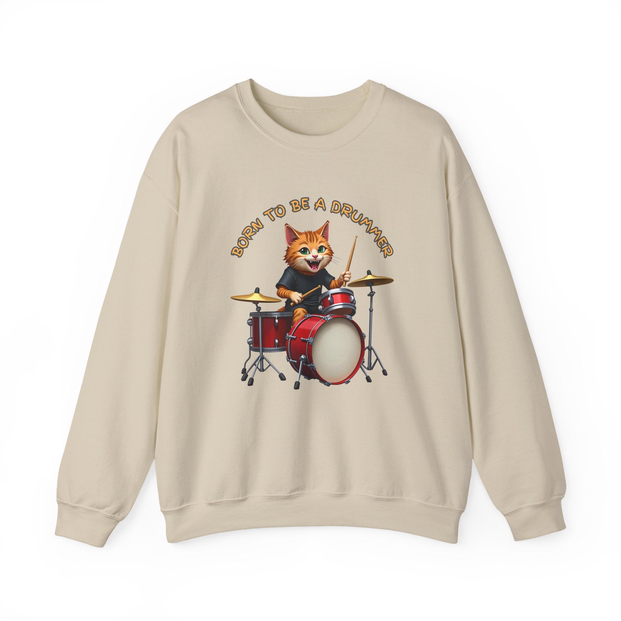 Beige sweatshirt with a graphic of a cat playing drums and text 'Born to be a drummer' on a white background.