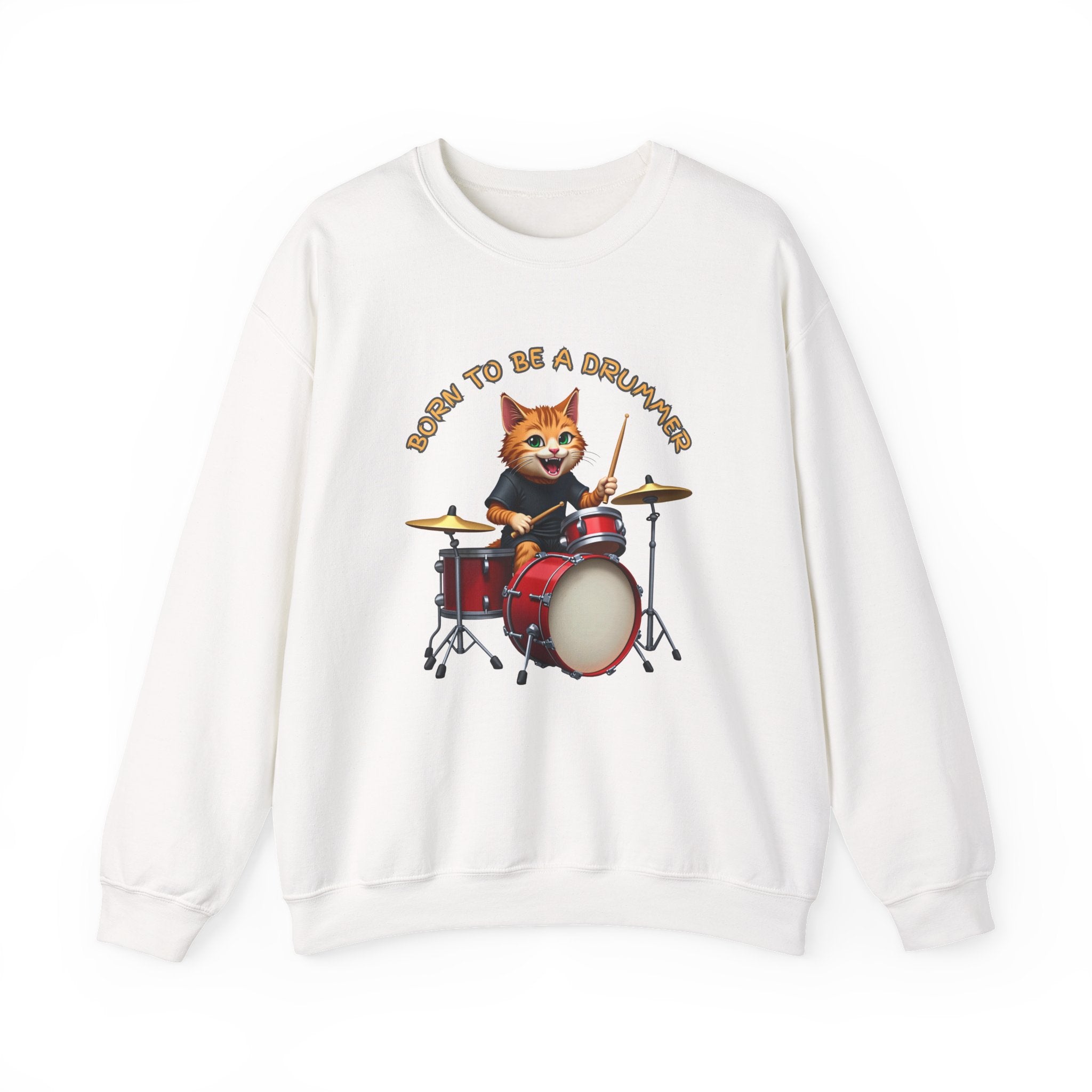 White sweatshirt with a graphic of a cat playing drums and text on a white background