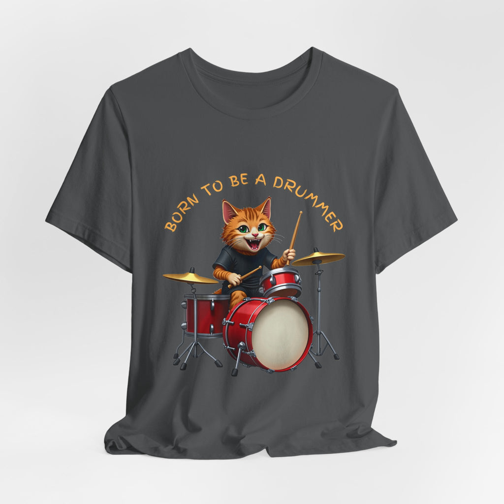 Gray t-shirt with a cat playing drums graphic and 'Born to be a Drummer' text on a white background