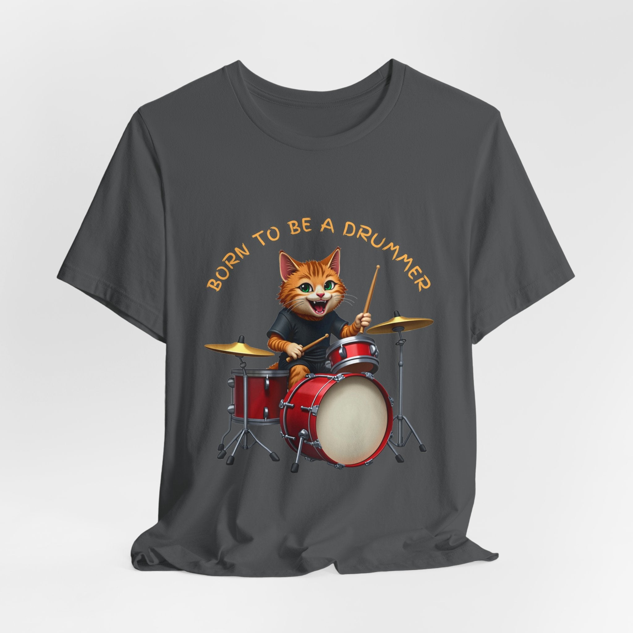 Gray t-shirt with a cat playing drums graphic and 'Born to be a Drummer' text on a white background