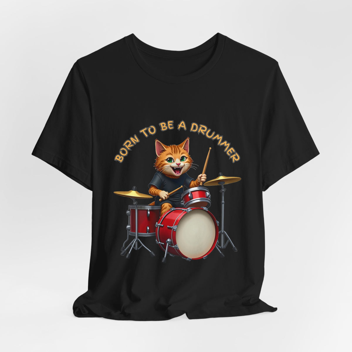 Black t-shirt with a graphic of a cat playing drums and 'Born to be a Drummer' text on a white background