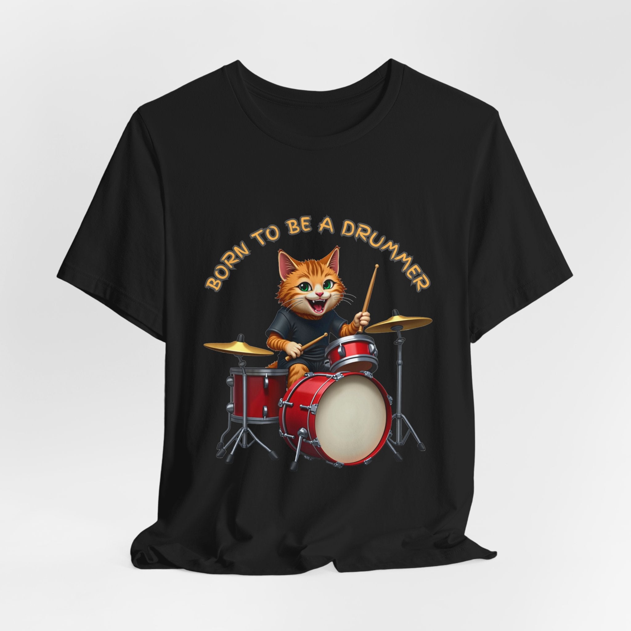 Black t-shirt with a graphic of a cat playing drums and 'Born to be a Drummer' text on a white background