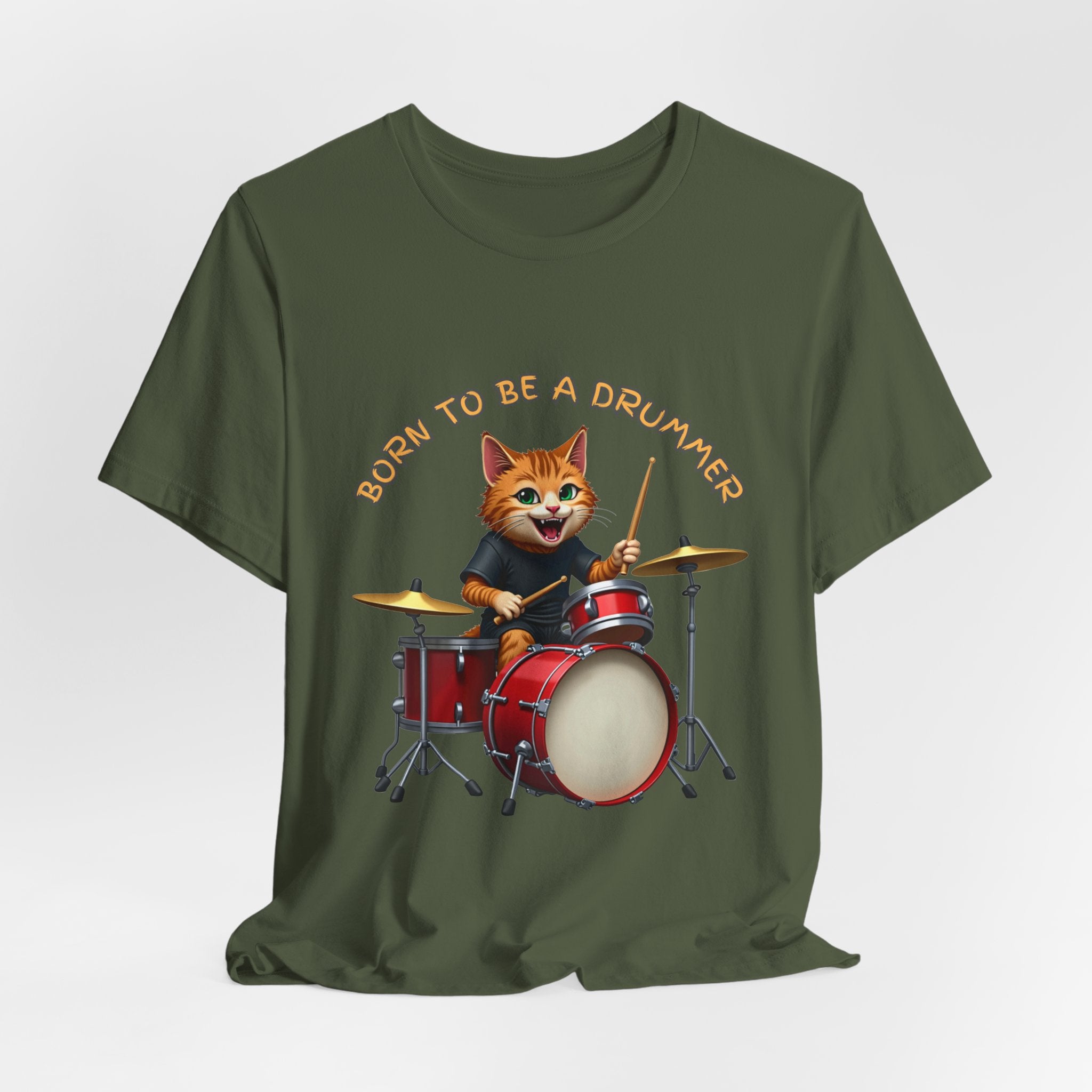 Military green t-shirt with a cat playing drums graphic and 'Born to be a Drummer' text on a white background