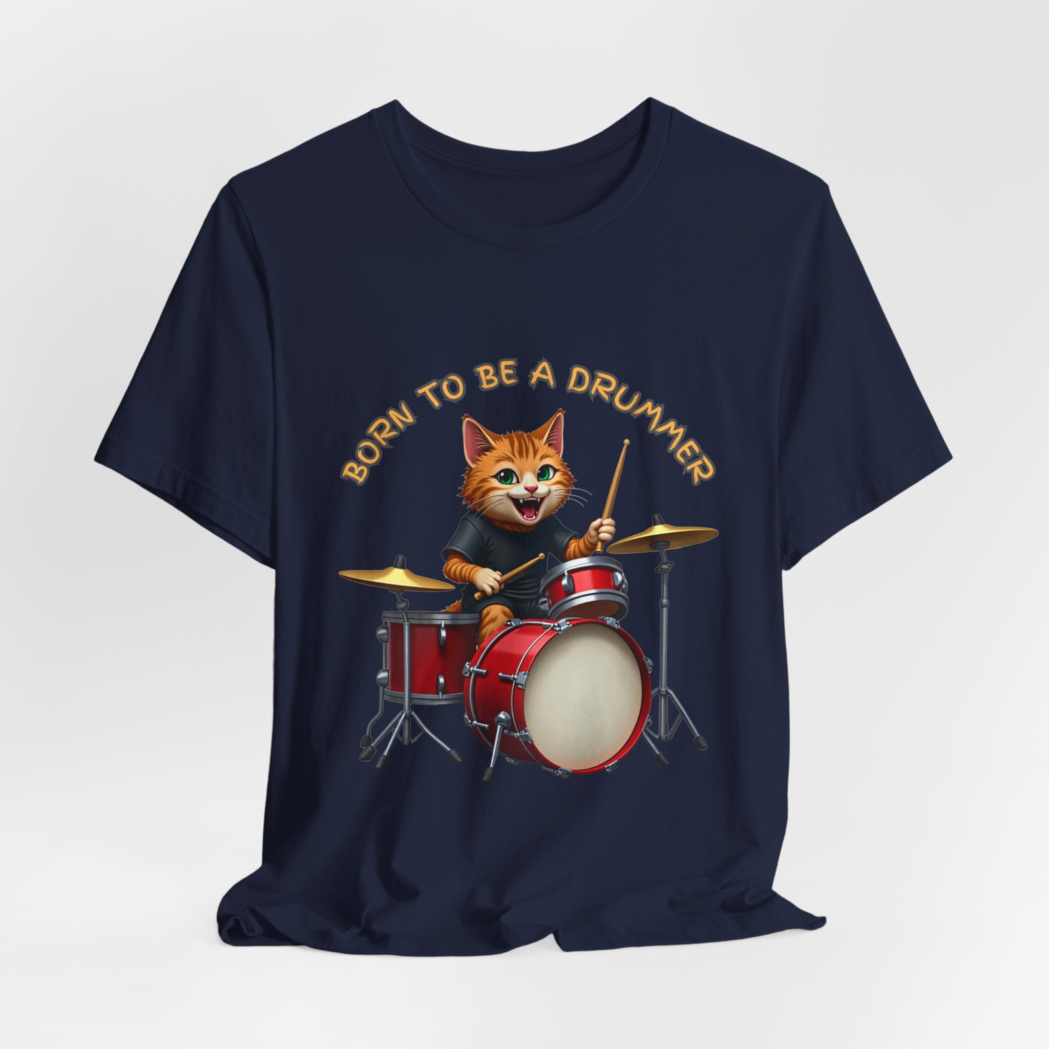 Navy blue t-shirt with a cat playing drums graphic and 'Born to be a Drummer' text on a white background