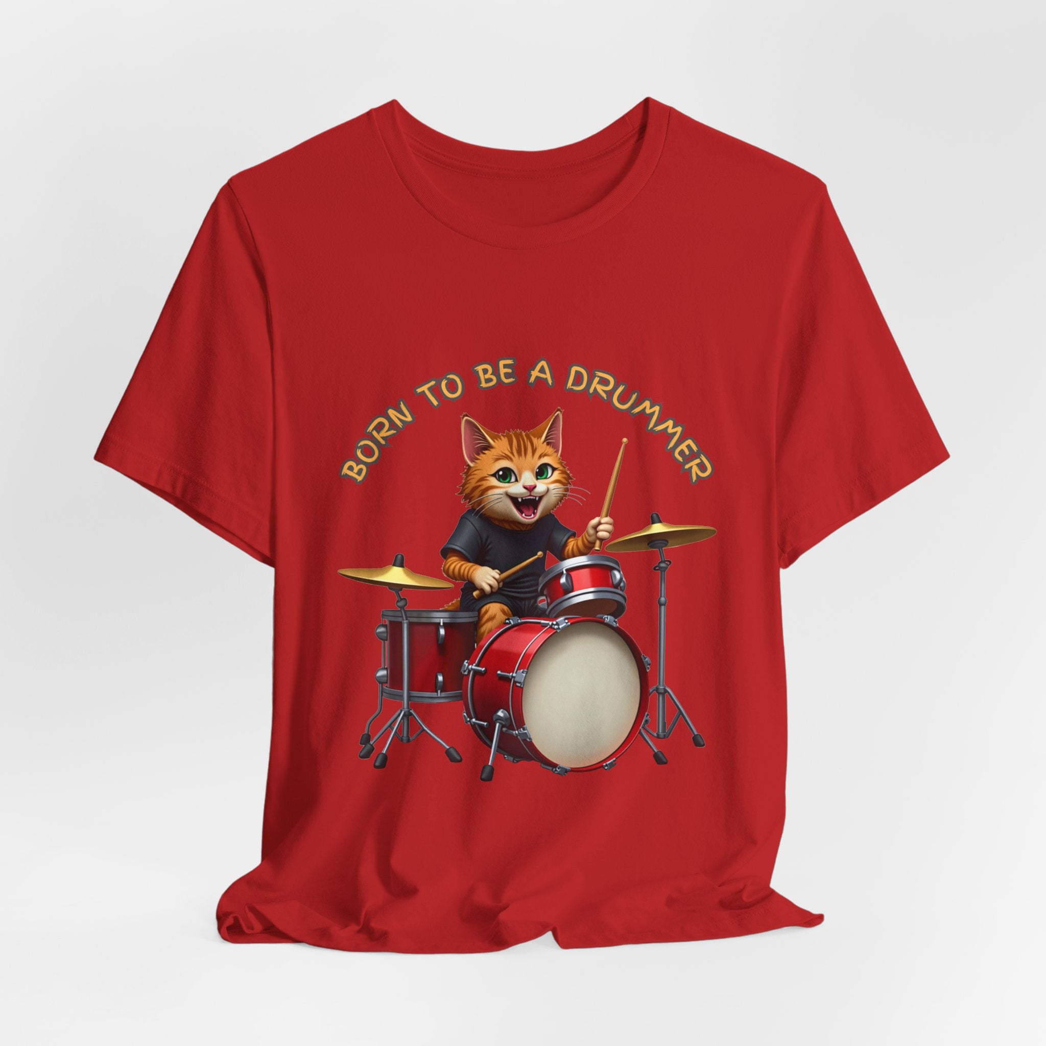 Red t-shirt with a cat playing drums graphic and 'Born to be a Drummer' text on a white background