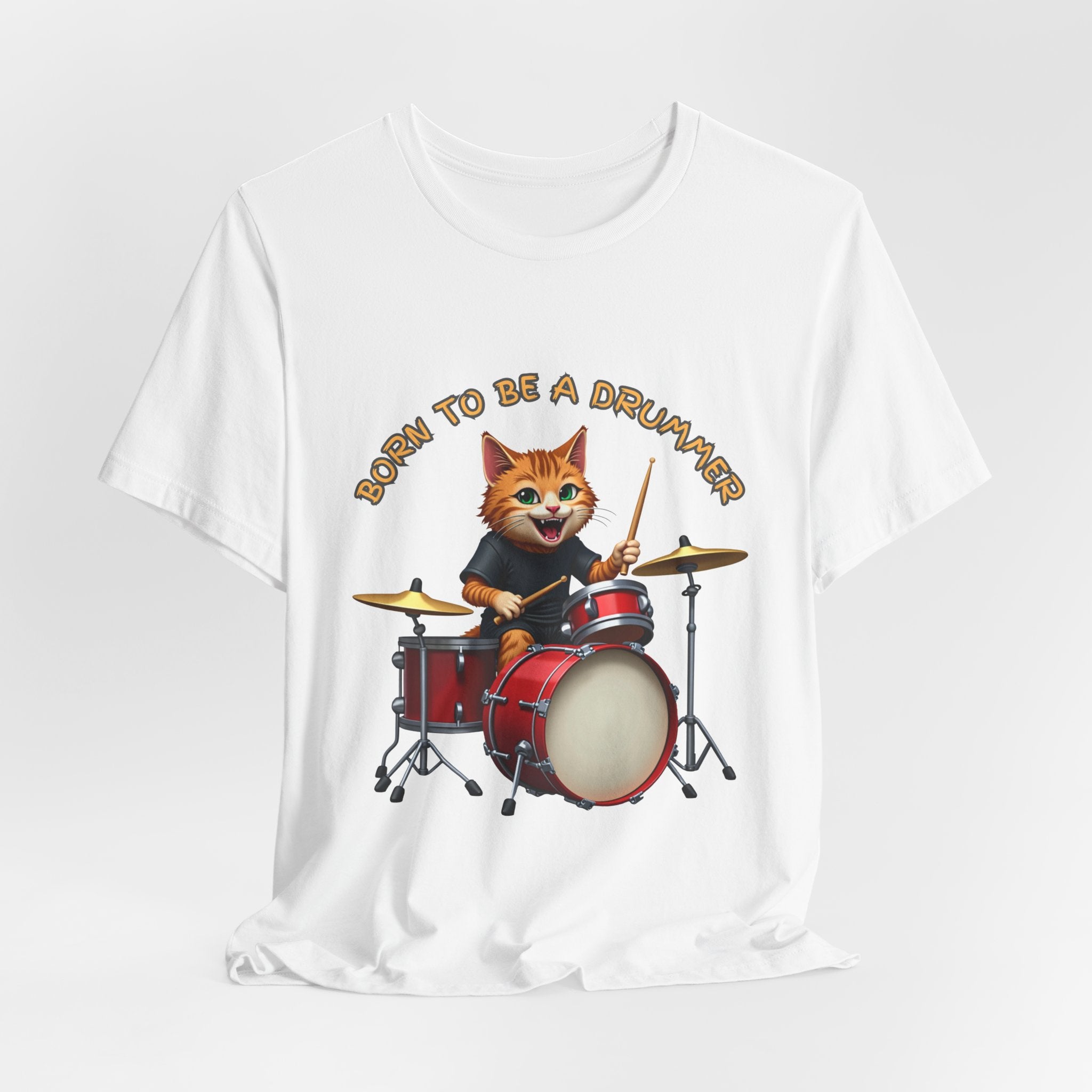 White t-shirt with a cartoon cat playing drums and 'Born to be a Drummer' text on a white background