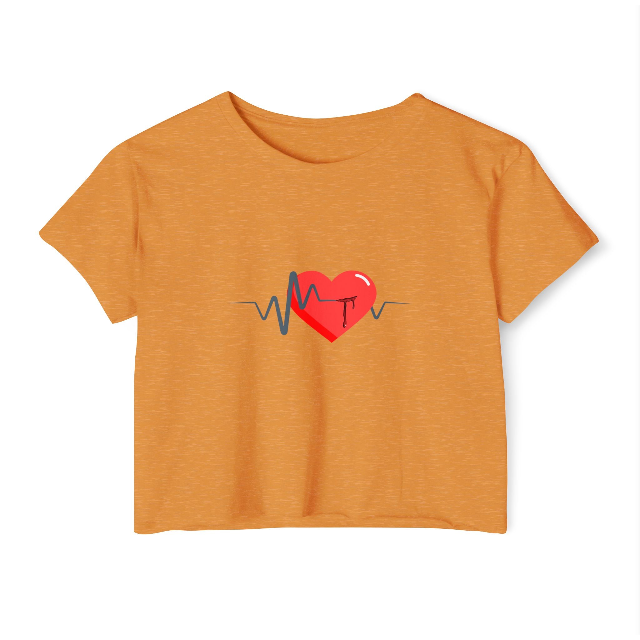 Antique gold orange t-shirt with a red heart and black heartbeat line design on a white background