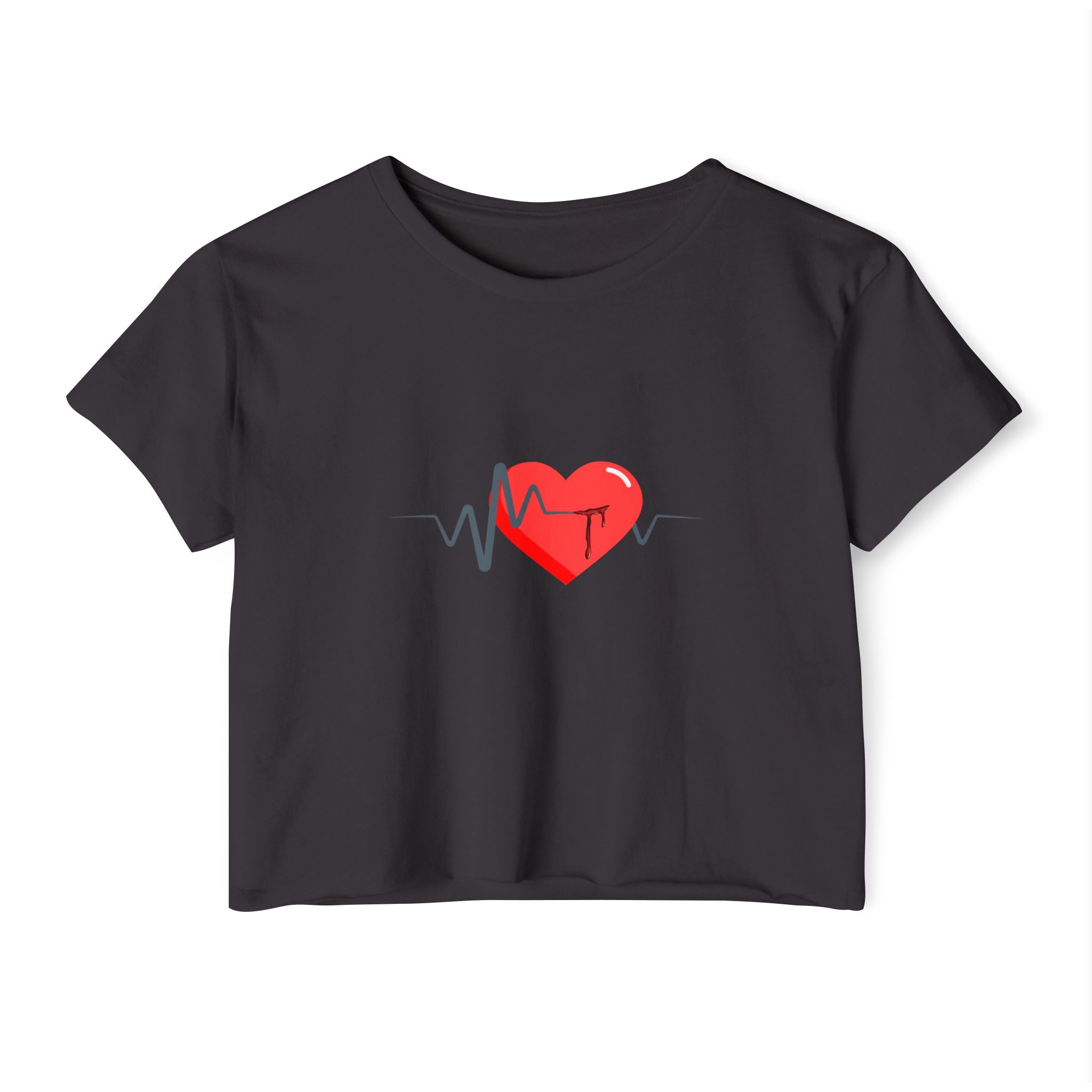 Black t-shirt with a red heart and blue heartbeat pulse design on a white background