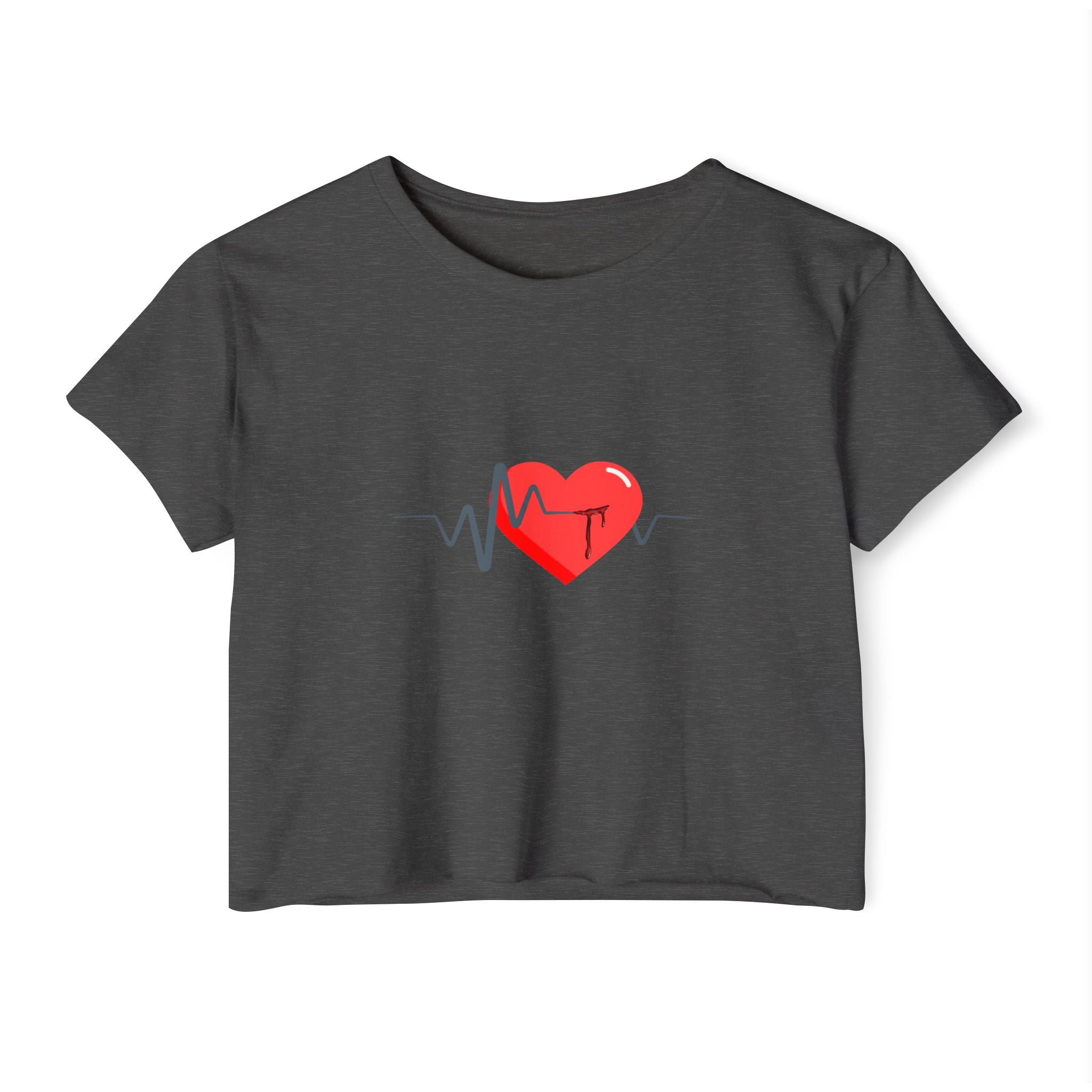 Charcoal t-shirt with a red heart and blue heartbeat pulse design on a white background