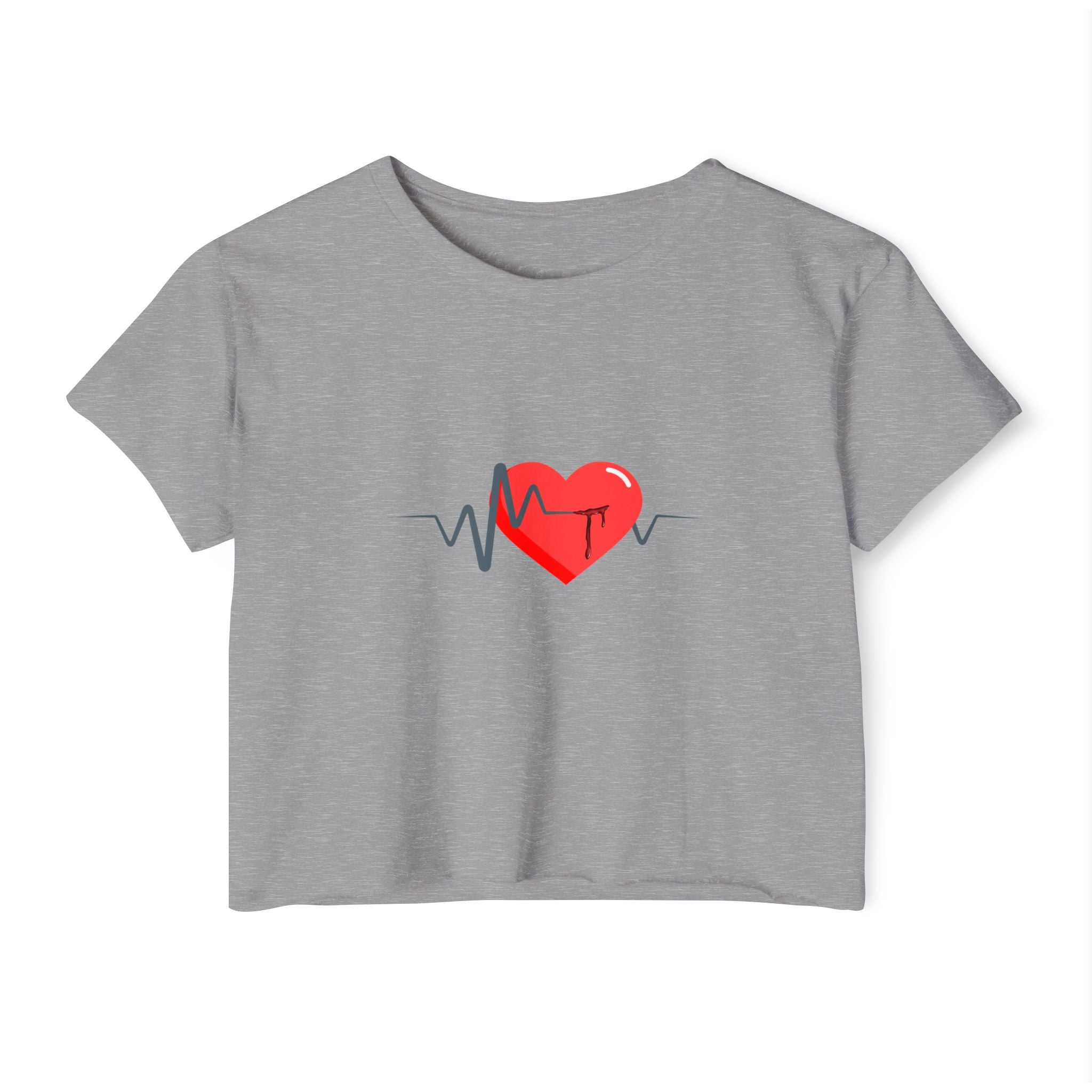 Grey t-shirt with a red heart and blue heartbeat pulse design on a white background