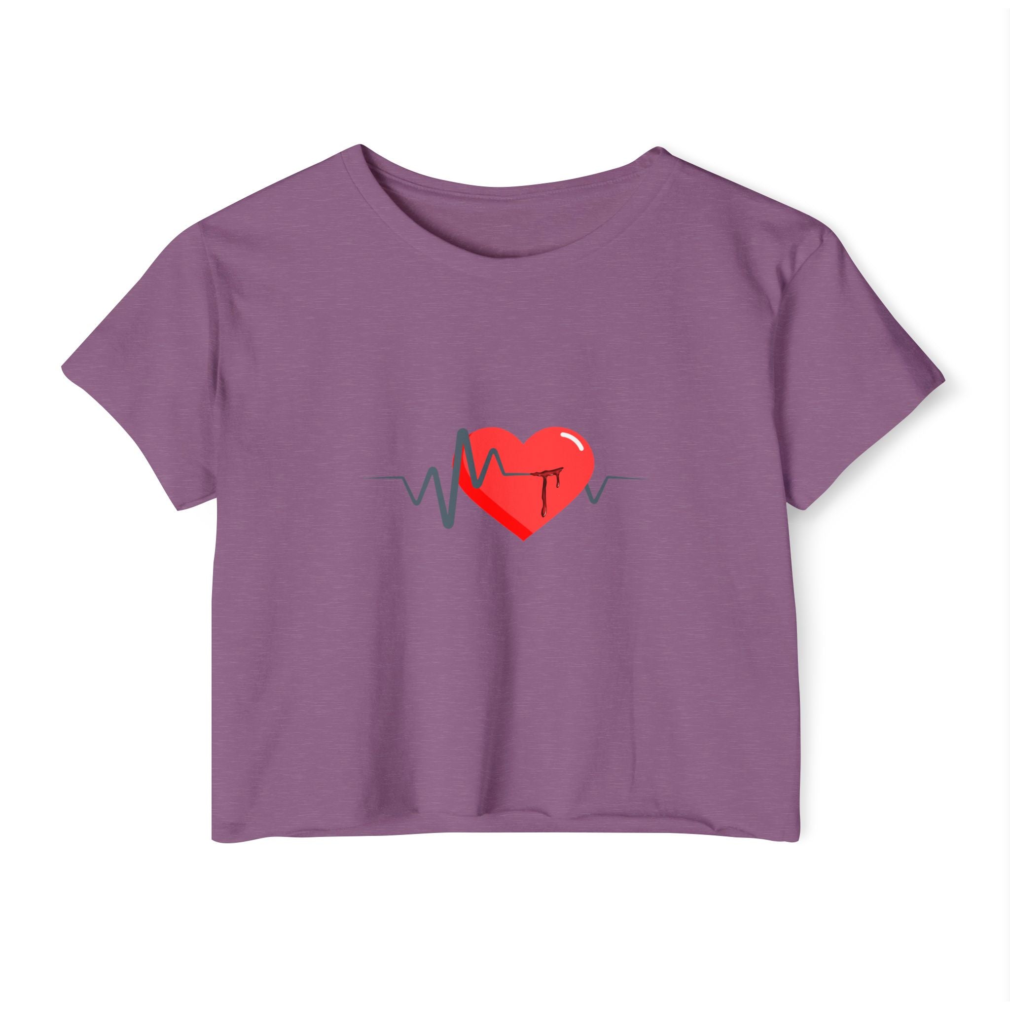 Violet t-shirt with a red heart and blue heartbeat pulse design on a white background