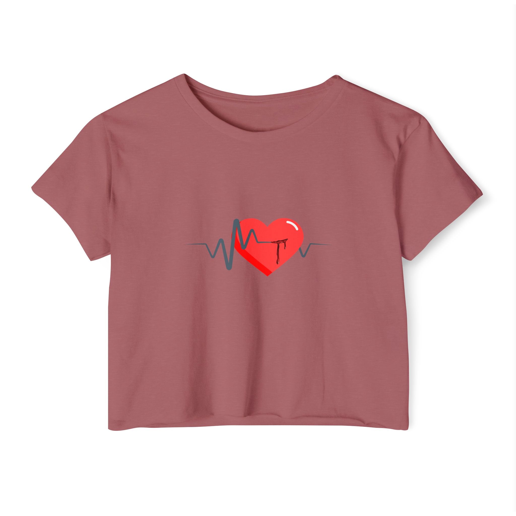 Smoked paprika pink t-shirt with a red heart and blue heartbeat line design on a white background