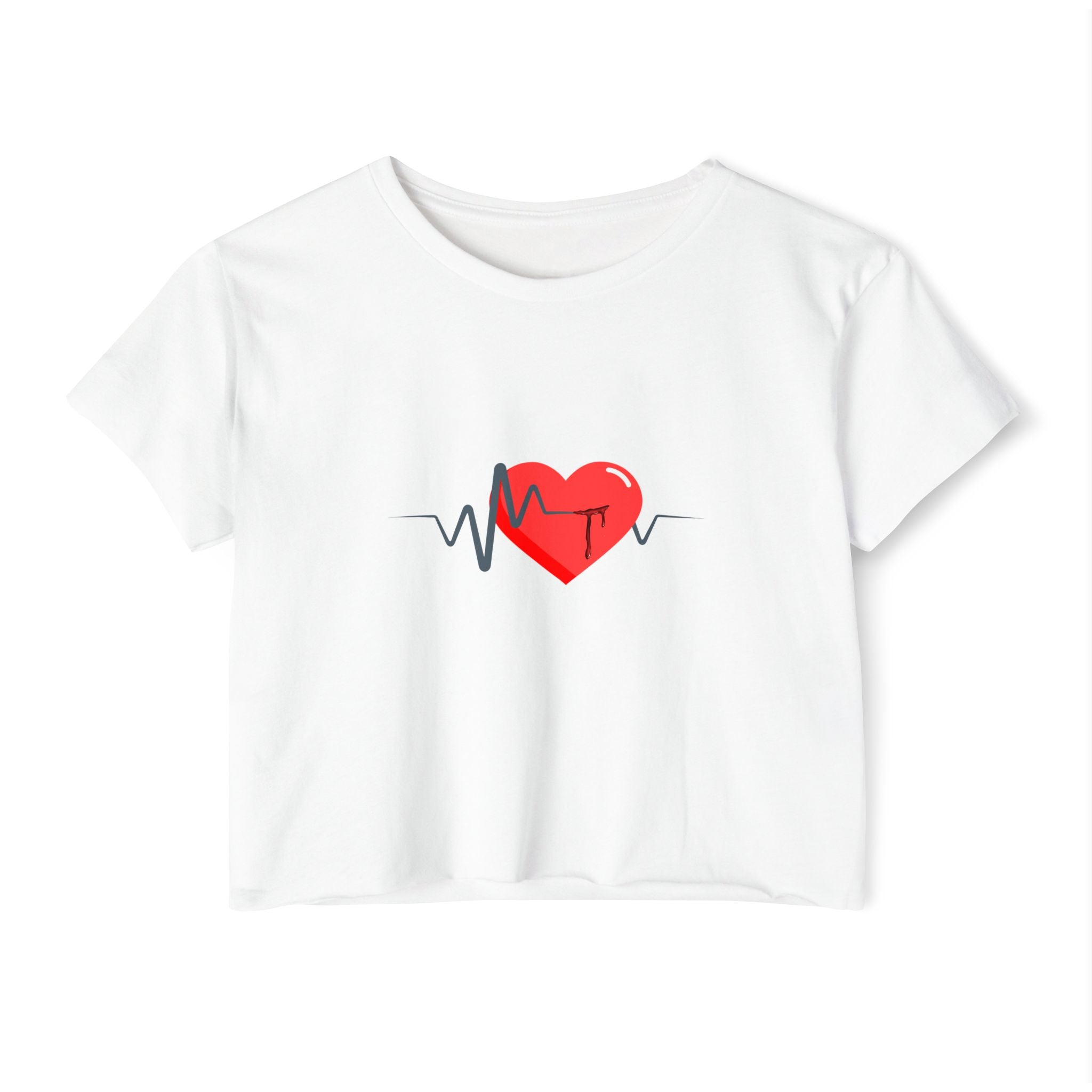White t-shirt with a red heart and blue heartbeat pulse design on a white background