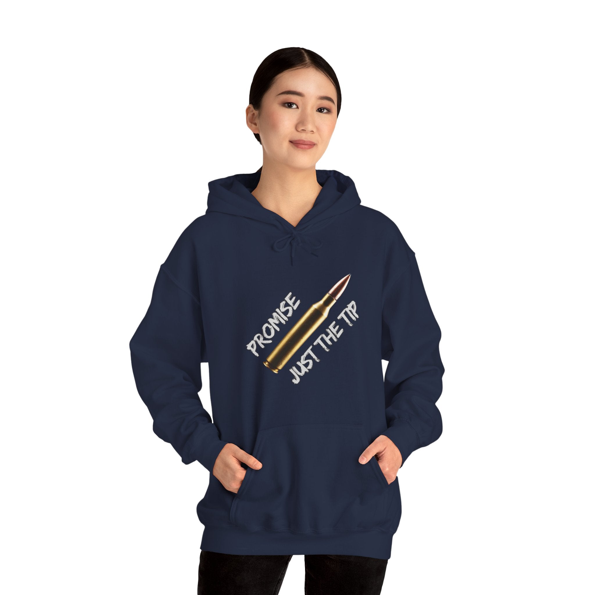 Person wearing a navy blue hoodie with a graphic design of M16 bullet with on a white background text "promise just the tip" on a grey background.