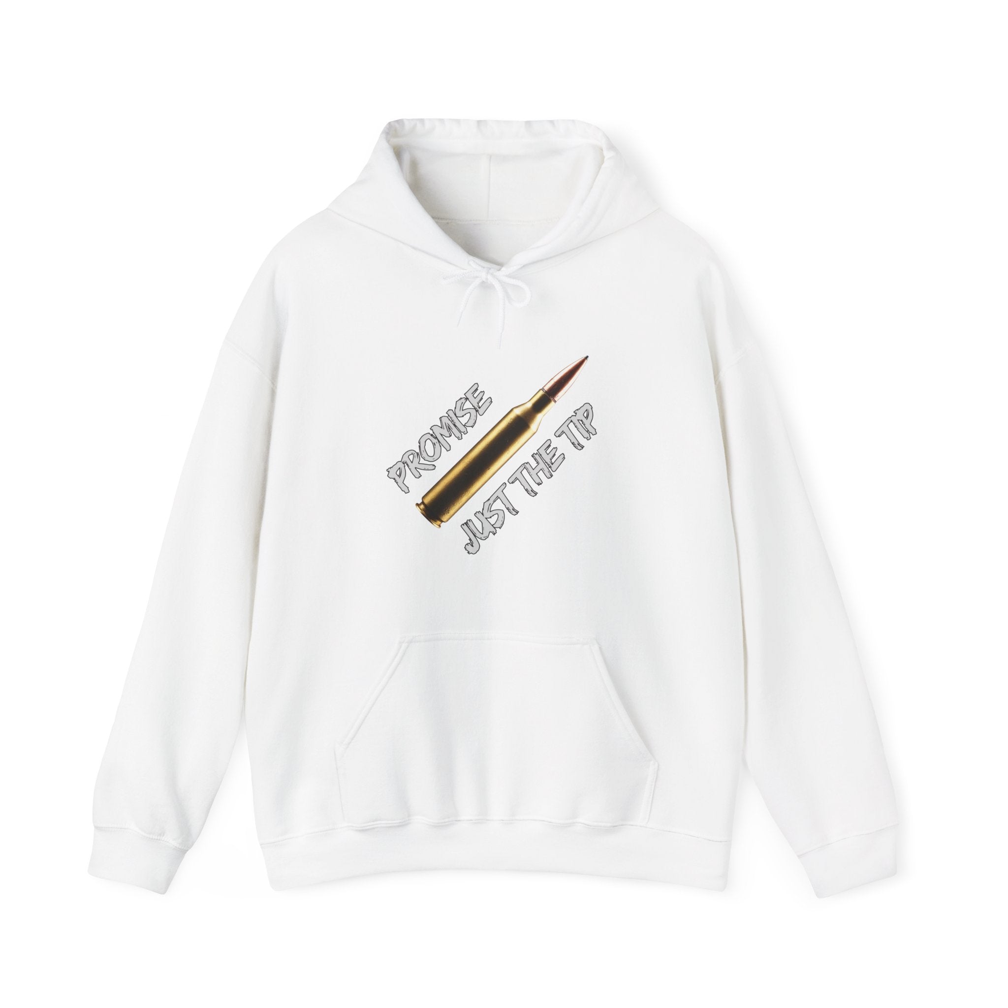 White hoodie with a graphic design of M16 bullet with on a white background text "promise just the tip" on a grey background.