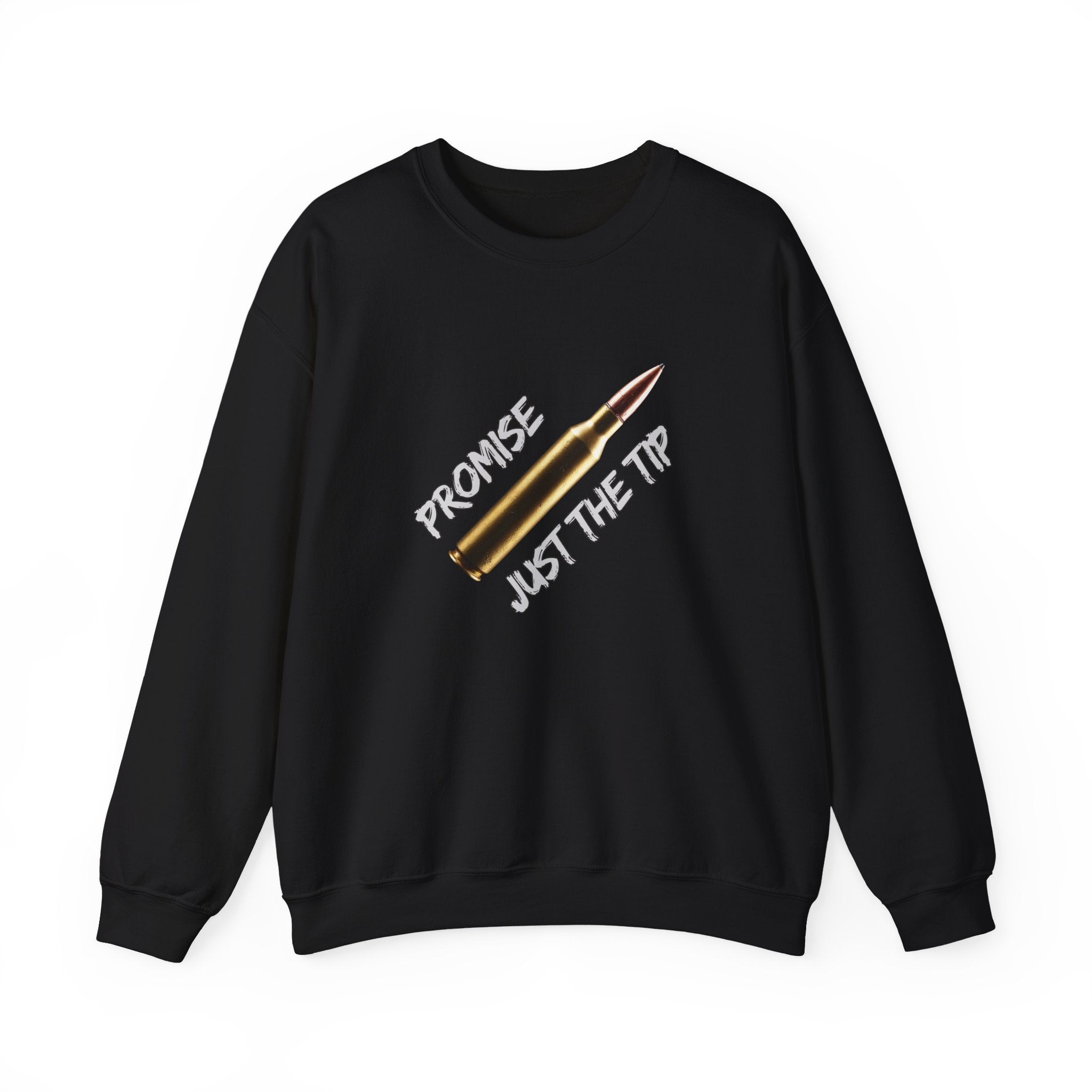 Black sweatshirt with a bullet graphic and text on a white background