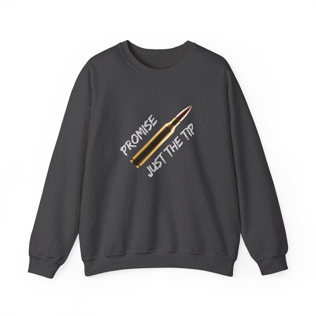 Dark gray sweatshirt with a bullet graphic and text on a white background