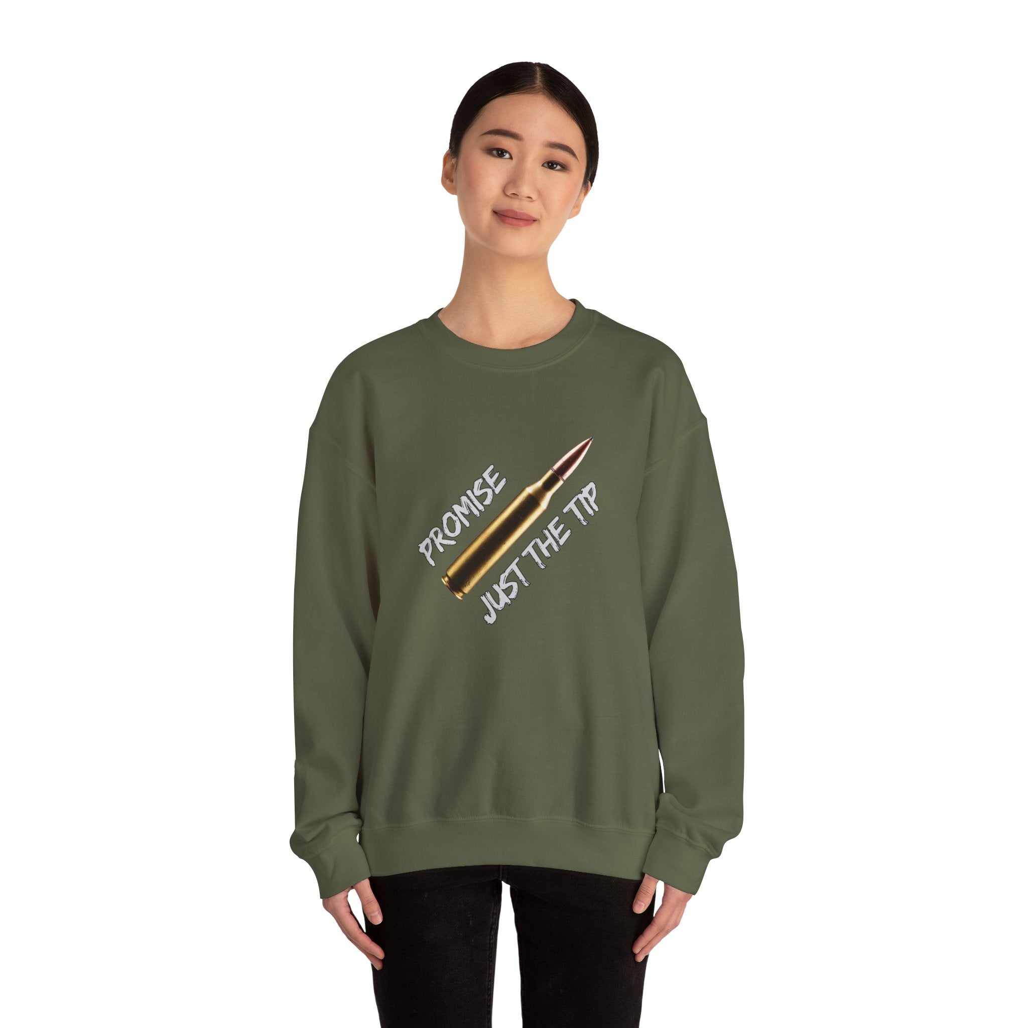 Person wearing a green sweatshirt with text and a pen graphic on a white background