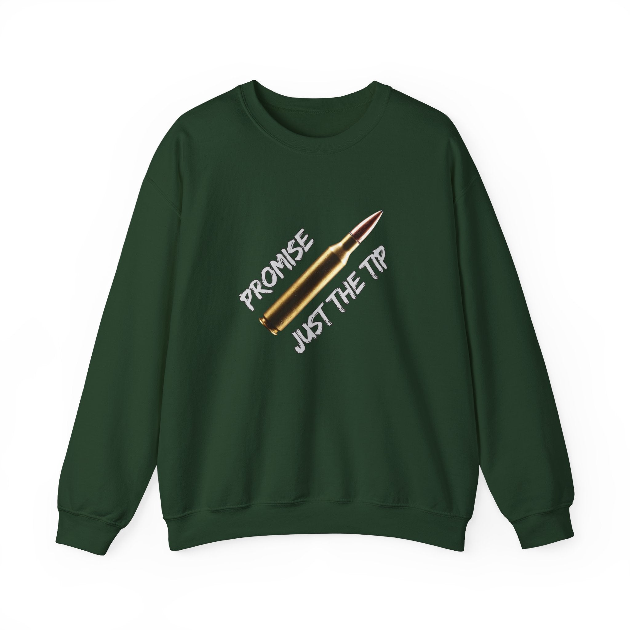 Forest green sweatshirt with a bullet graphic and text on a white background