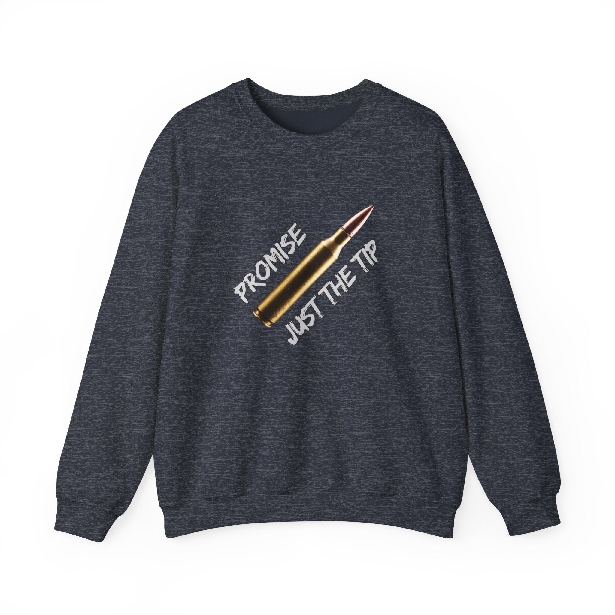 Heather sport dark navy gray sweatshirt with a bullet graphic and text on a white background