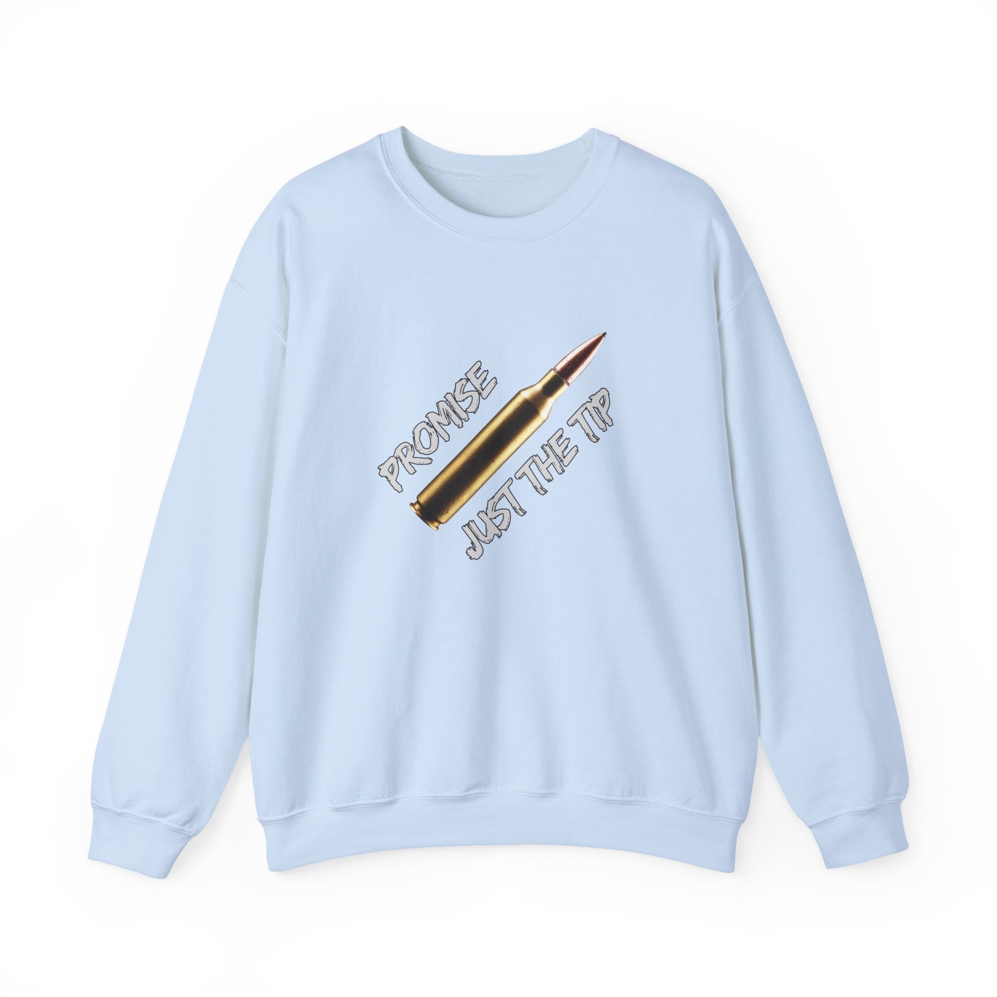 Light blue sweatshirt with graphic design and text on a white background