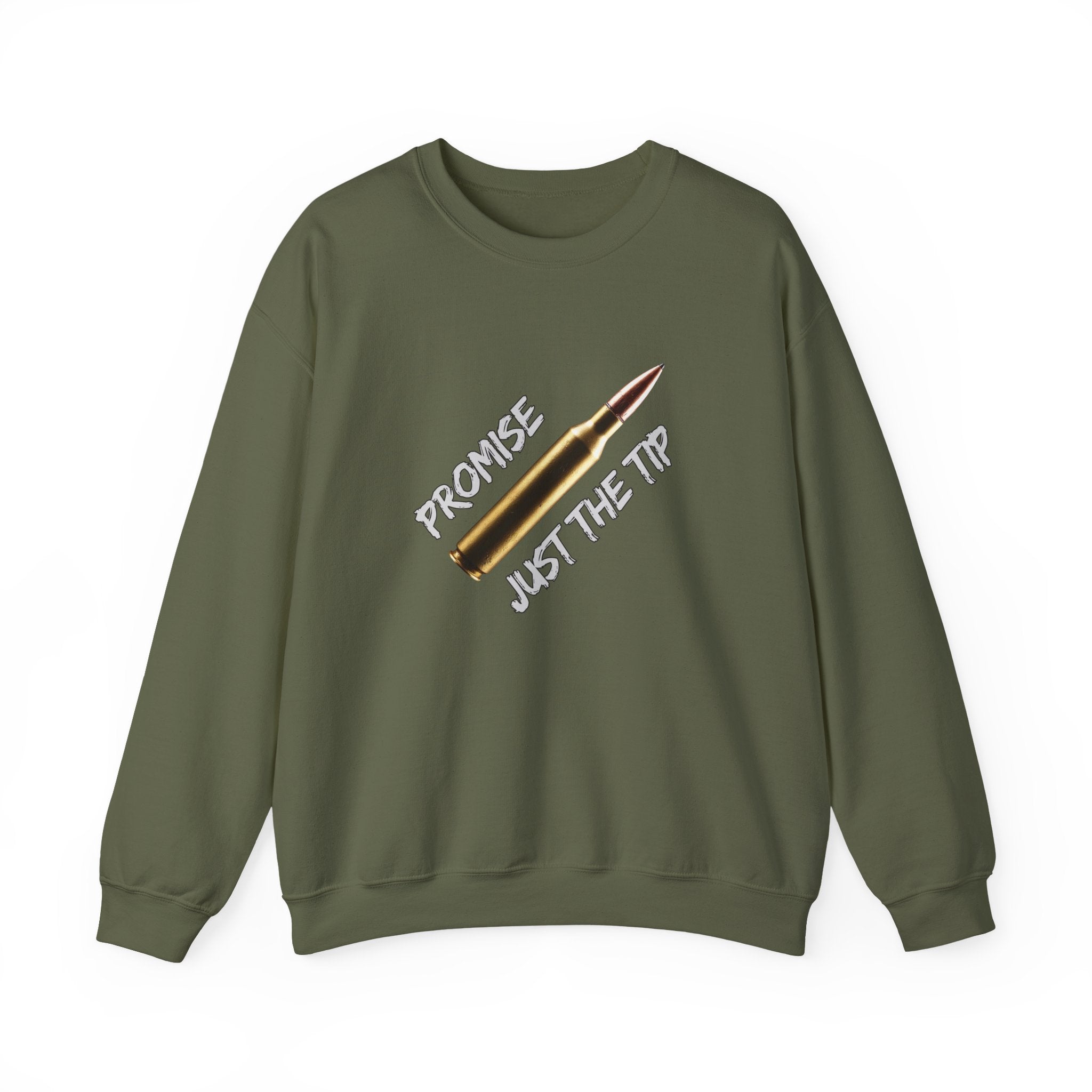 Military green sweatshirt with a bullet graphic and text on a white background